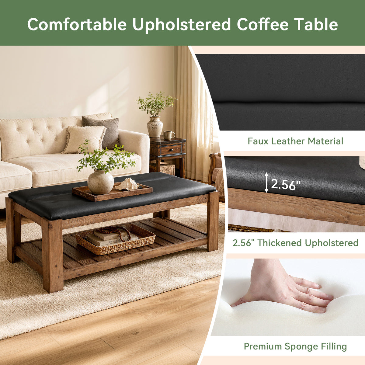 55" Solid Wood Coffee Table with PU Leather Padded Top & Storage Shelf