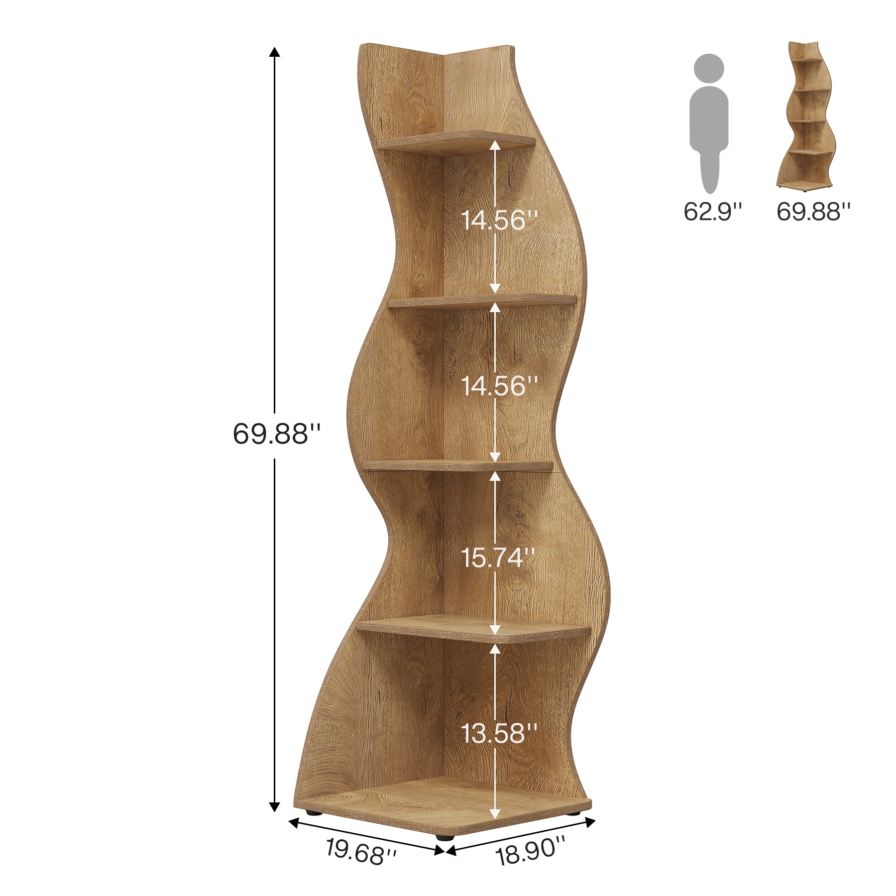 5-Tier Corner Bookcase, Rustic Freestanding Corner Shelf for Small Spaces