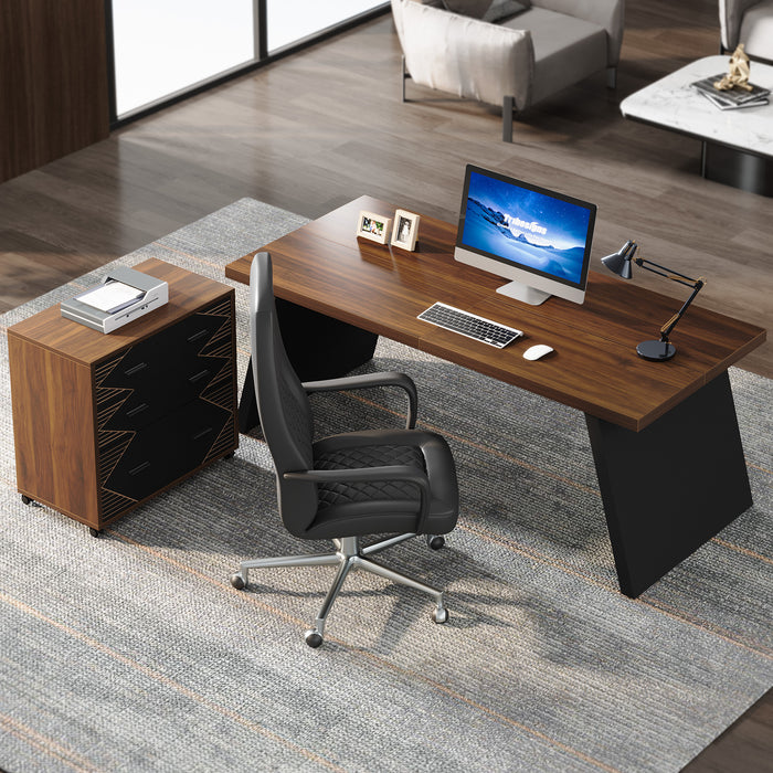 62" Executive Desk, L-shape Computer Desk with File Cabinet