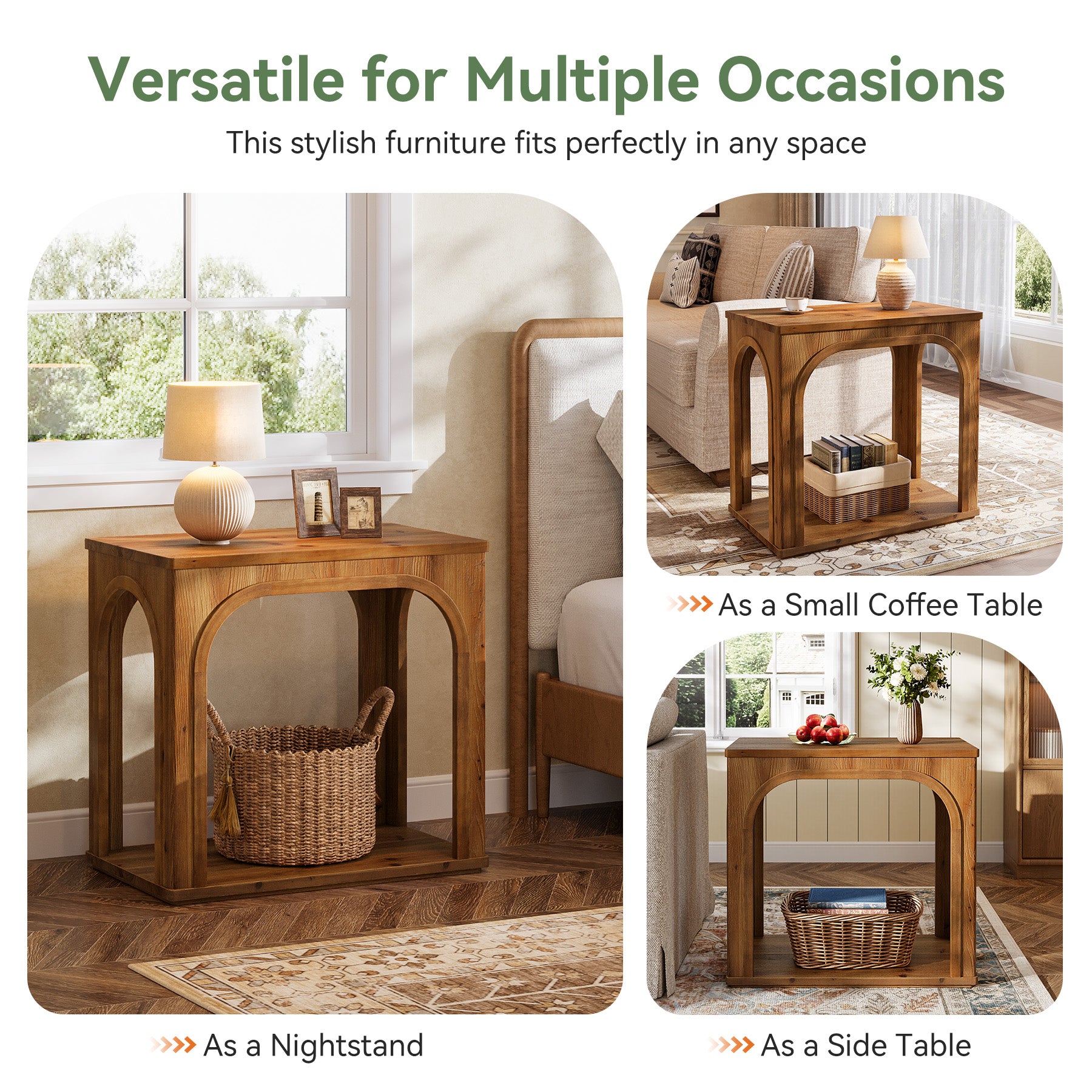 25" Farmhouse Side Table, 2-Tier Solid Wood End Table with Shelf