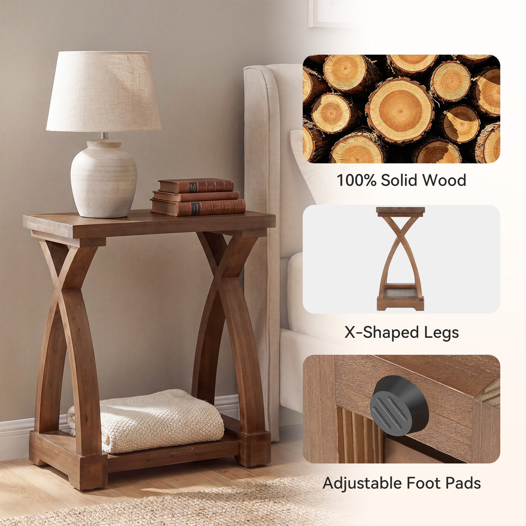23.62" Solid Wood End Table, 2-Tier Side Table with Curved X-Frame for Small Spaces