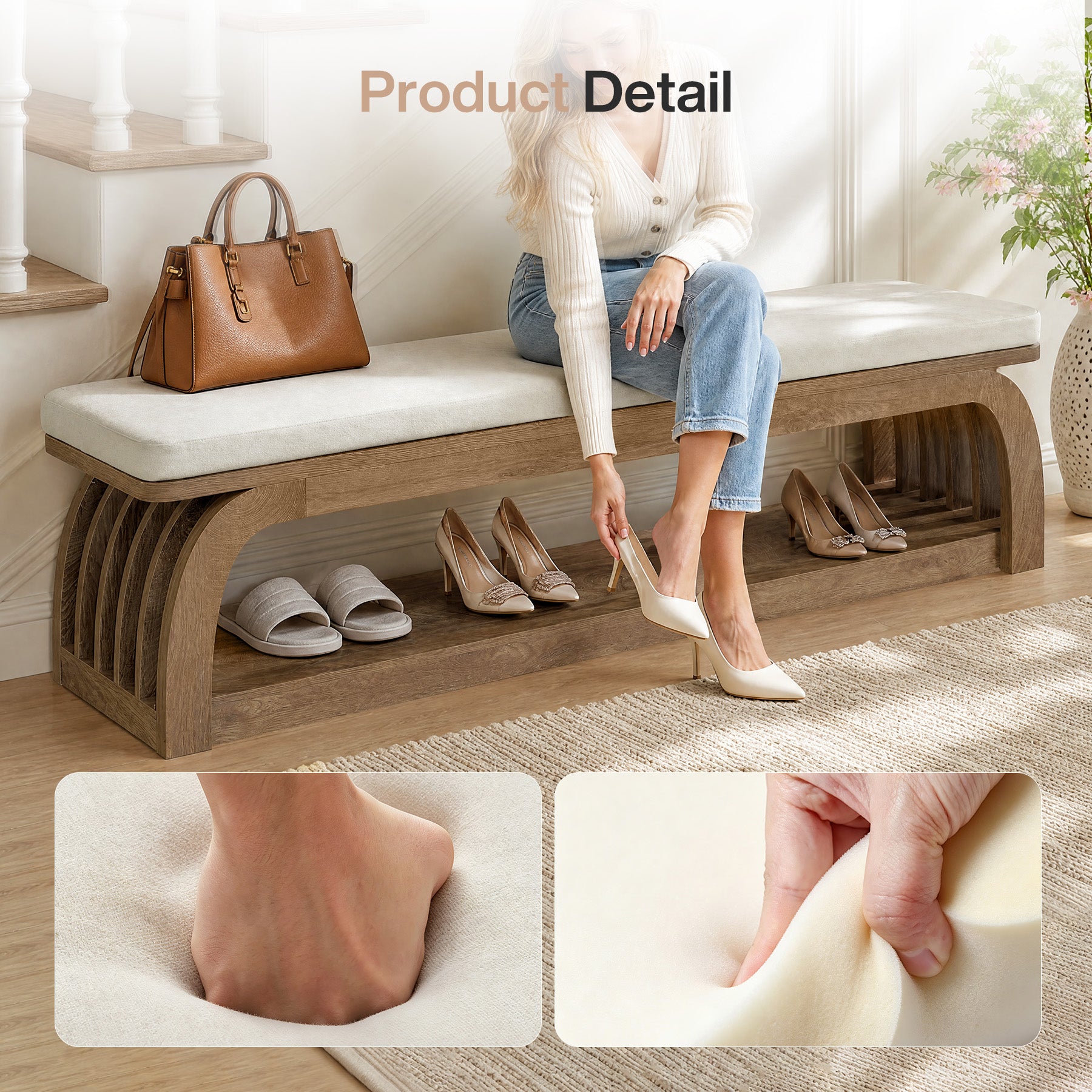 55" Upholstered Entryway Bench, 2-Tier Shoe Storage Bench with Hollow Legs for Hallway