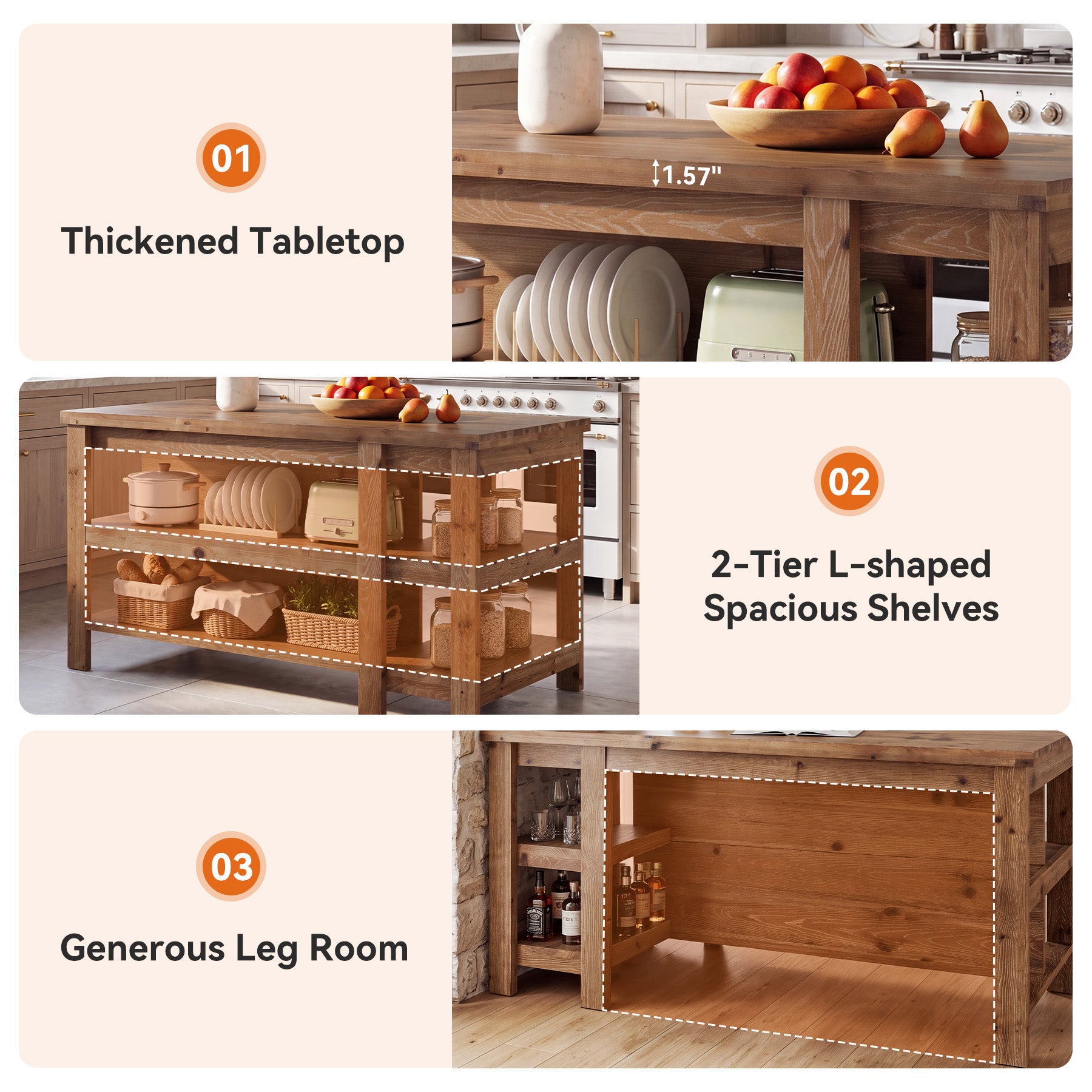61" Farmhouse Kitchen Island with Storage, 3-Tier Solid Wood, Freestanding Dining Island Table