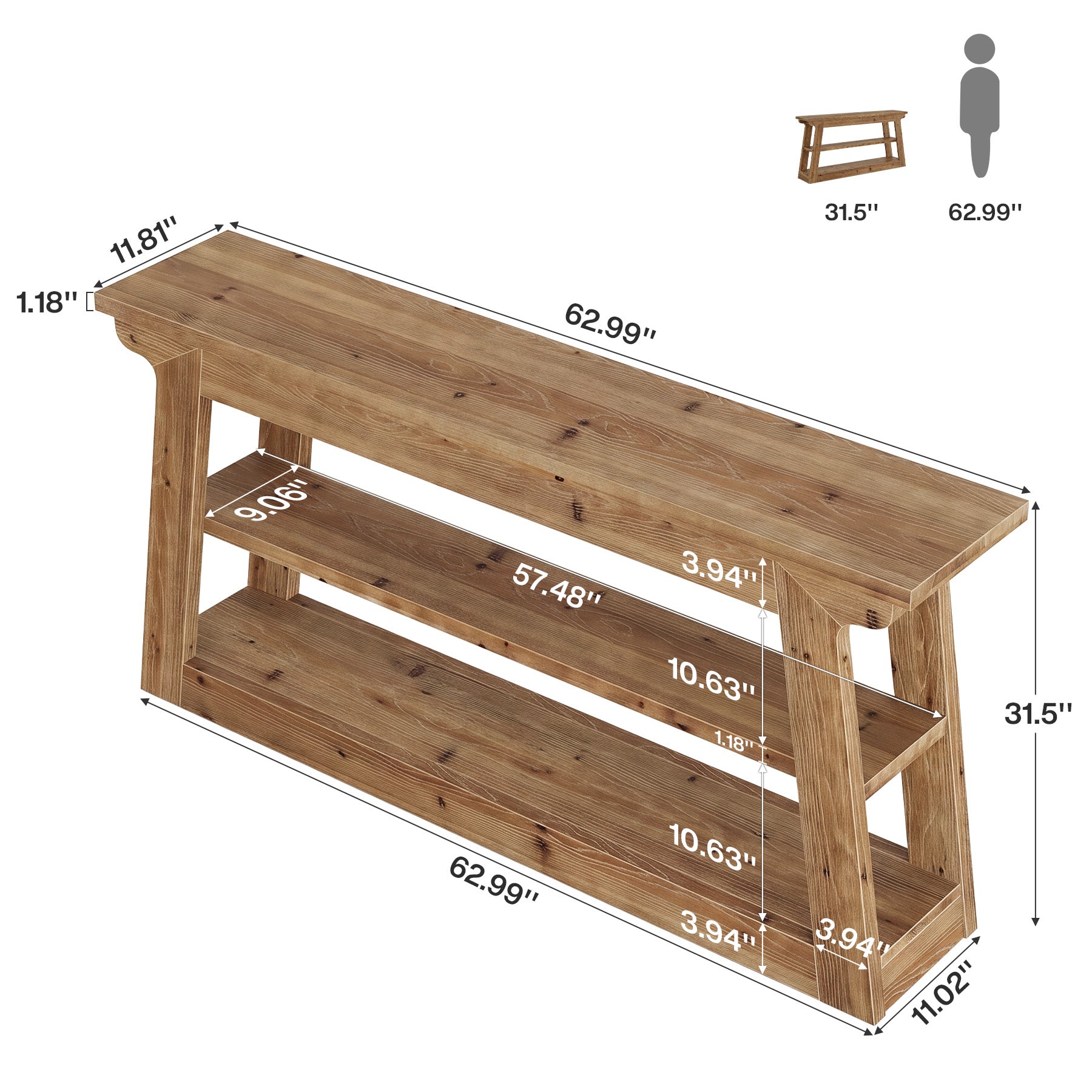 63" Console Table, 3-Tier Solid Wood Sofa Table Entryway Table for Hallway
