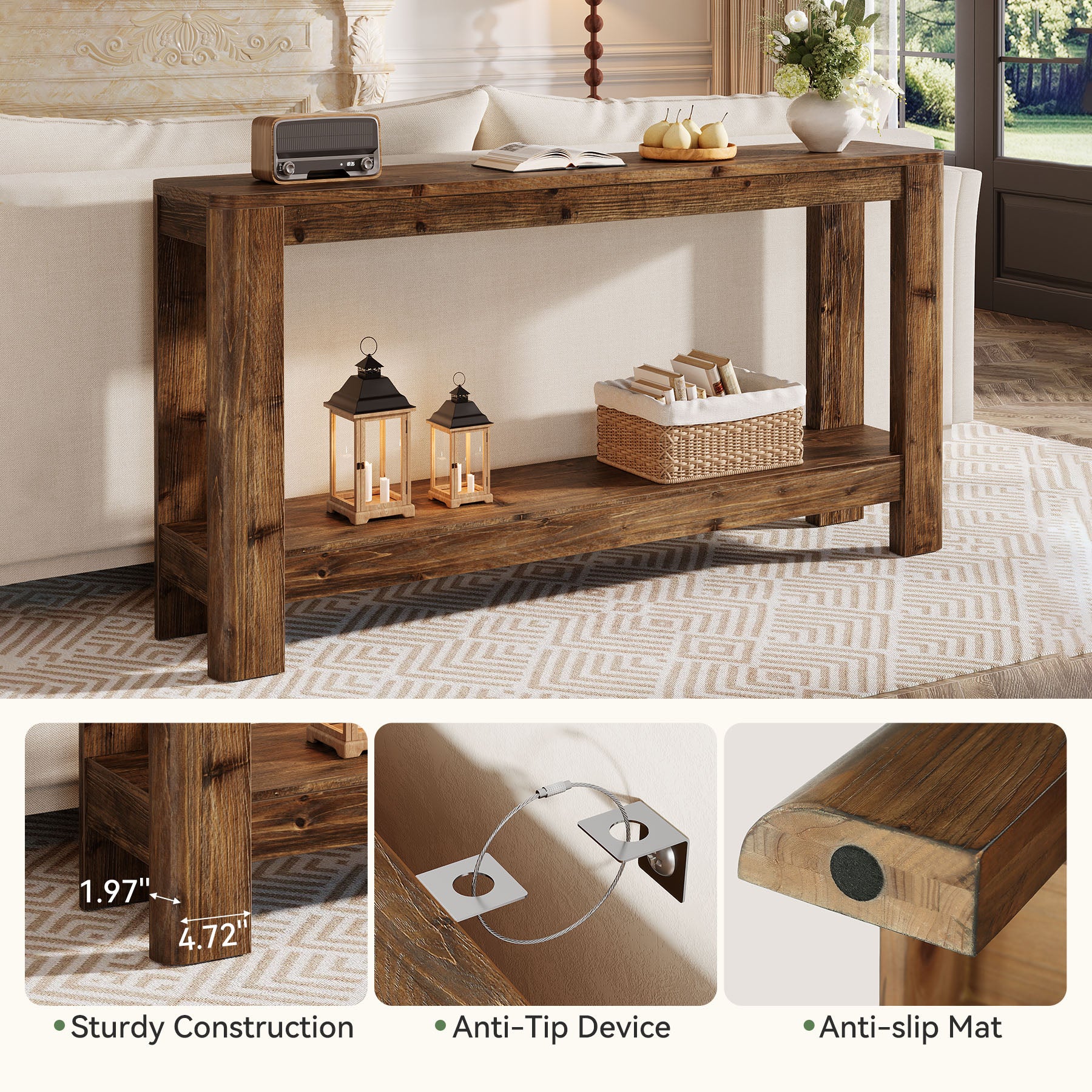 63" Solid Wood Console Table with Shelf, Slim Farmhouse Entryway & Sofa Table for Narrow Spaces