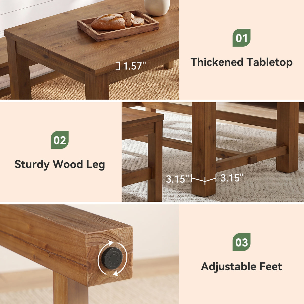 55" Solid Wood Dining Table Set with 2 Benches, 3-Piece Kitchen Table Set for 4-6