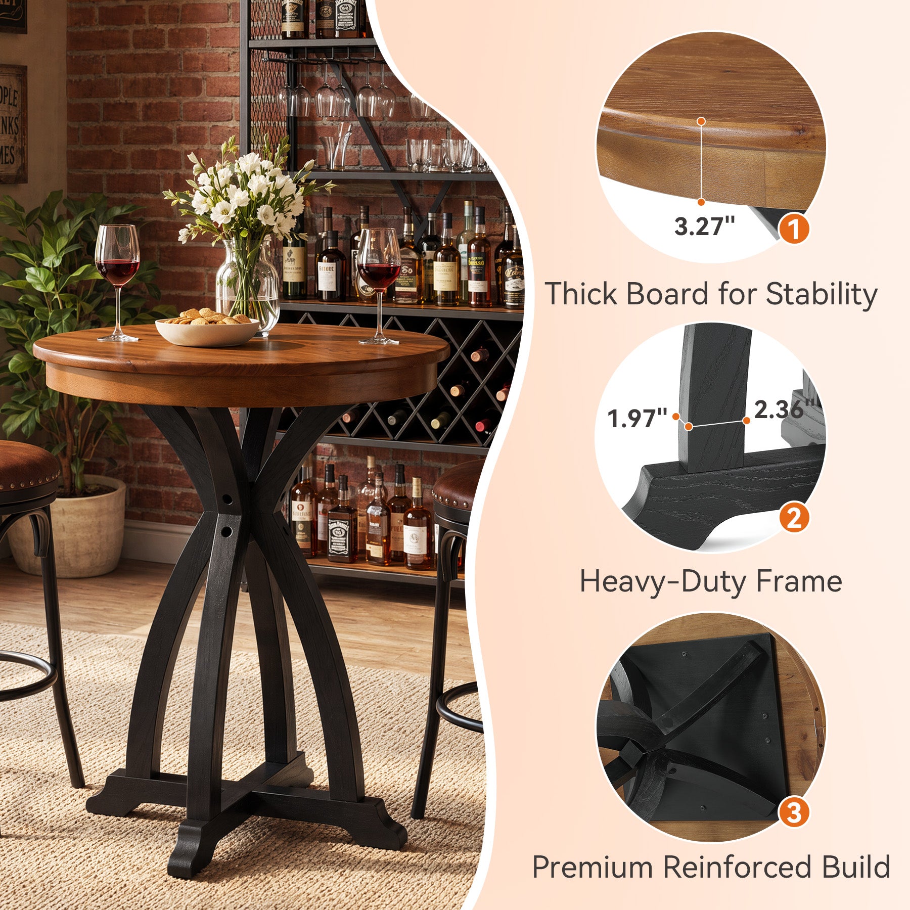 31.5" Solid Wood Bar Table, Vintage Round High Top Pub Table for Home Bar(Only Table)