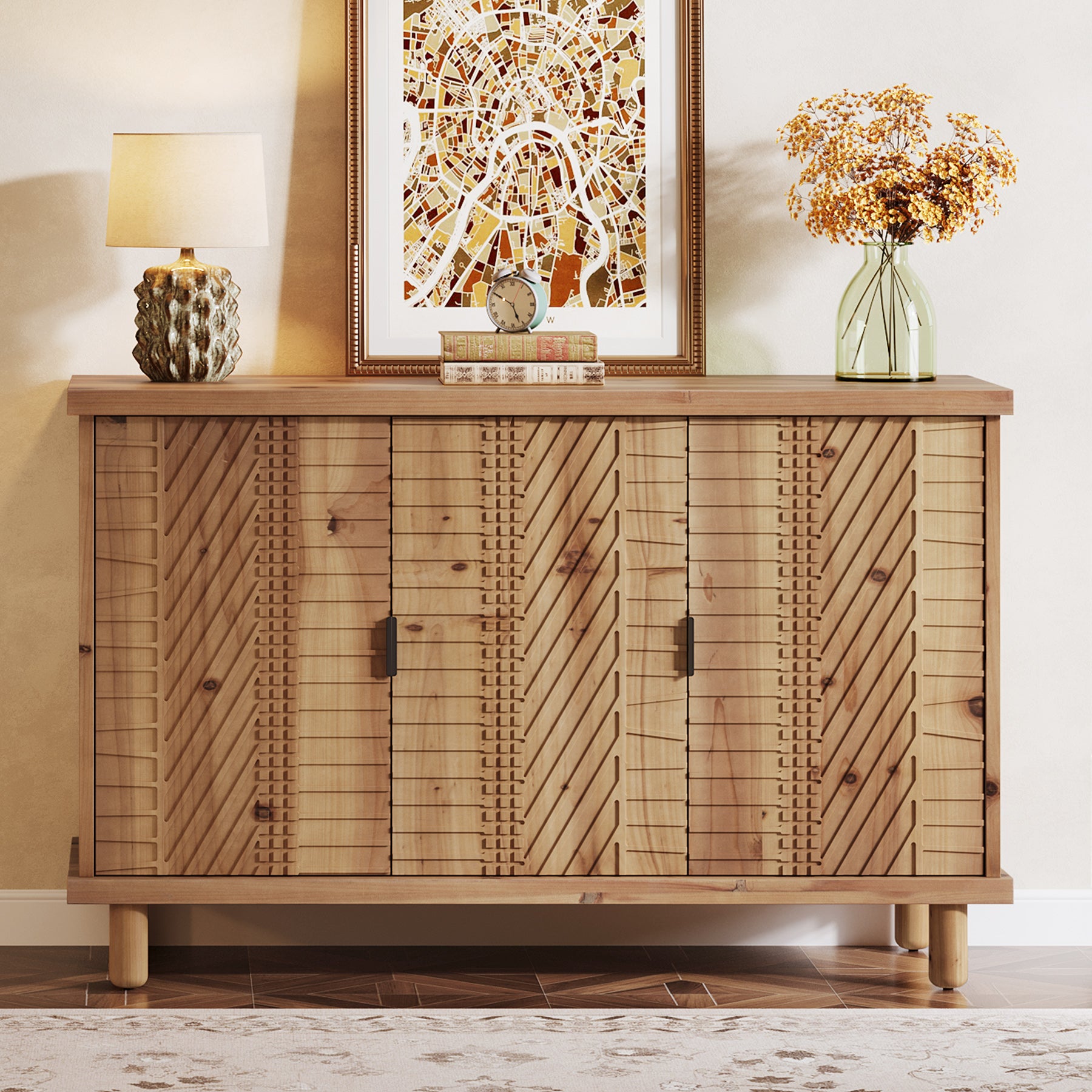 Wood Sideboard Buffet, Modern Kitchen Storage Cabinet with 2 Adjustable Shelves