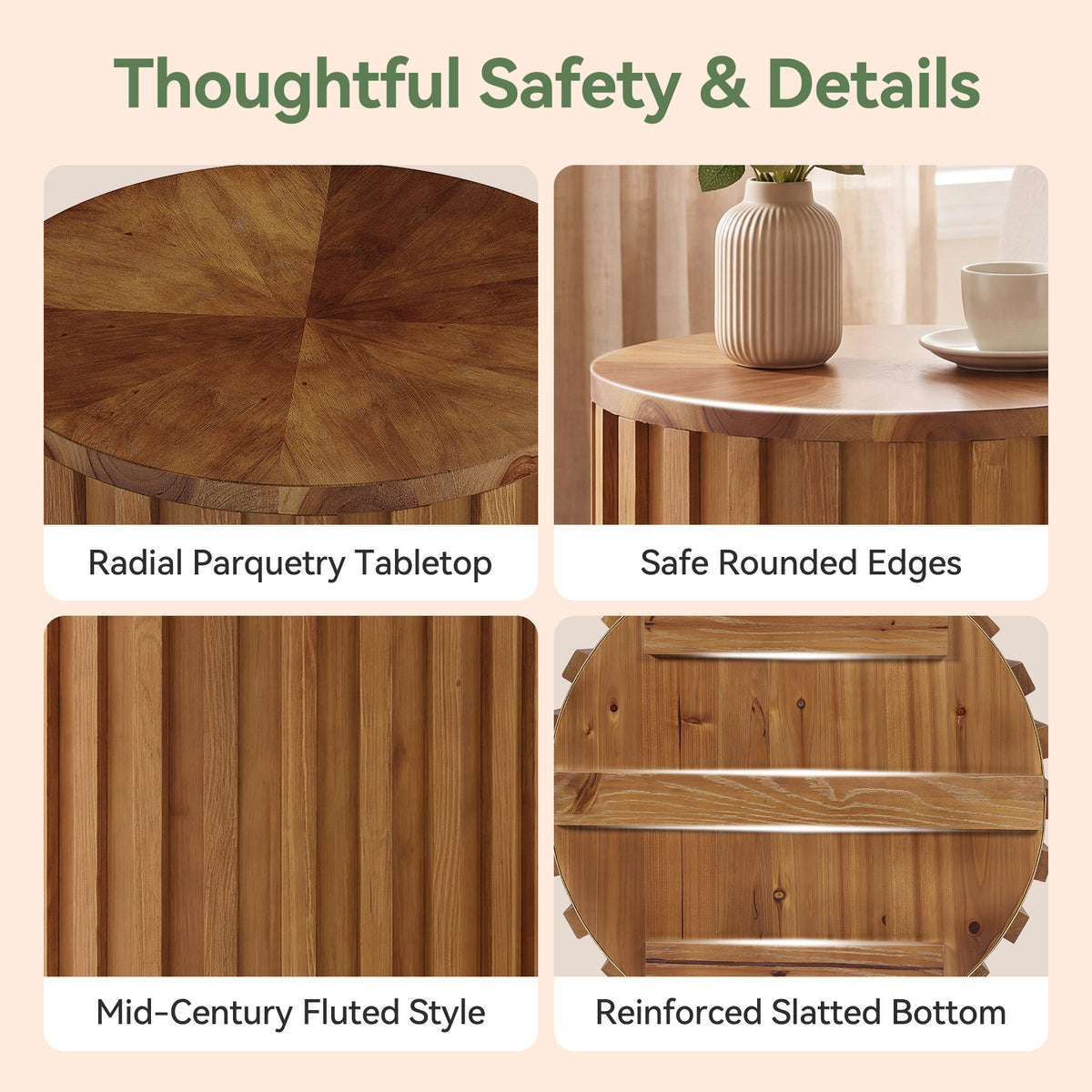 Fluted Round End Table, Solid Wood Cylinder Hidden Storage, No Assembly Nightstand