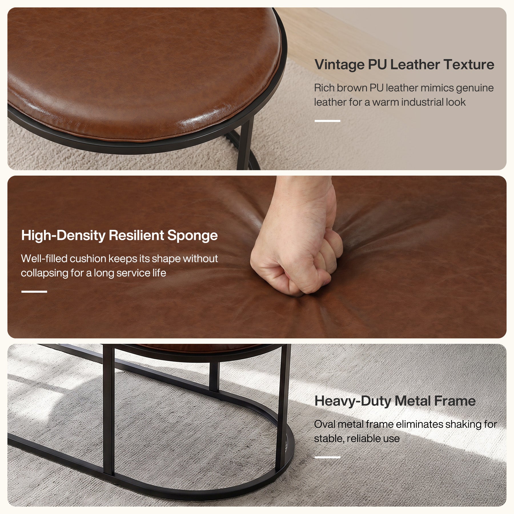 Oval Faux Leather Coffee Table, 55.12" Upholstered Center Table with Metal Base