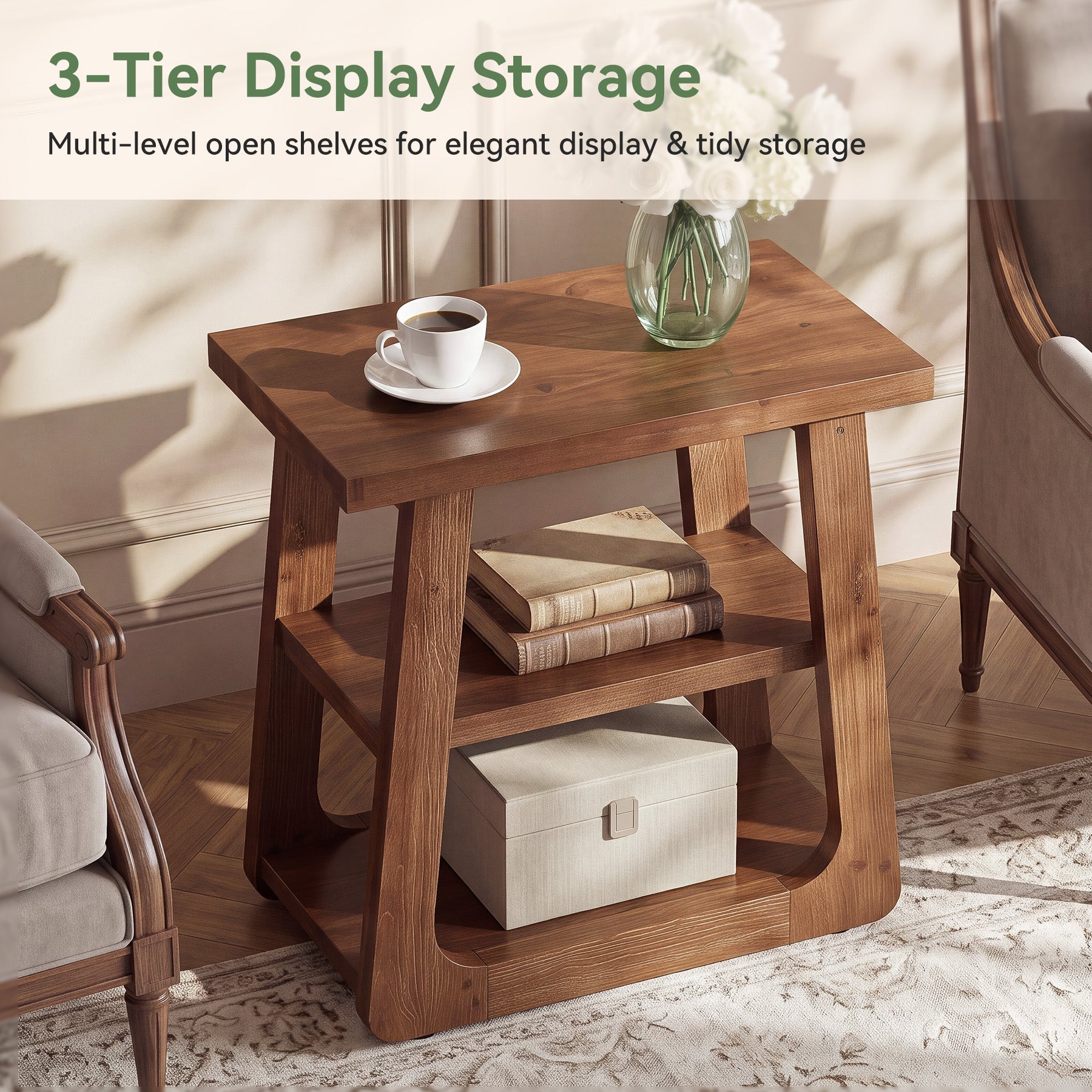 Solid Wood Side Table, Farmhouse End Table with 3-Tier Storage Shelves for Small Spaces