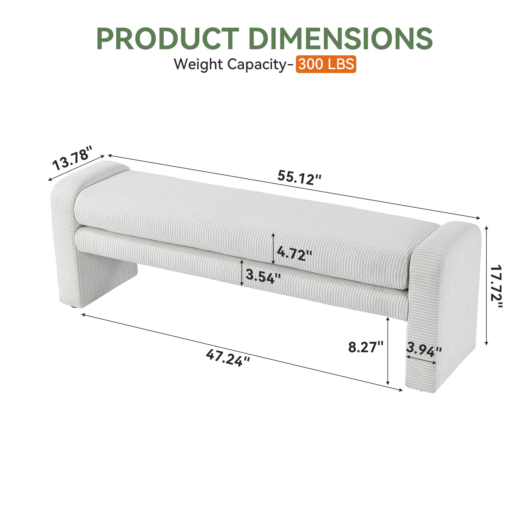 55" Solid Wood End of Bed Bench with Cushion, Modern Upholstered Entryway Bench for Living Room