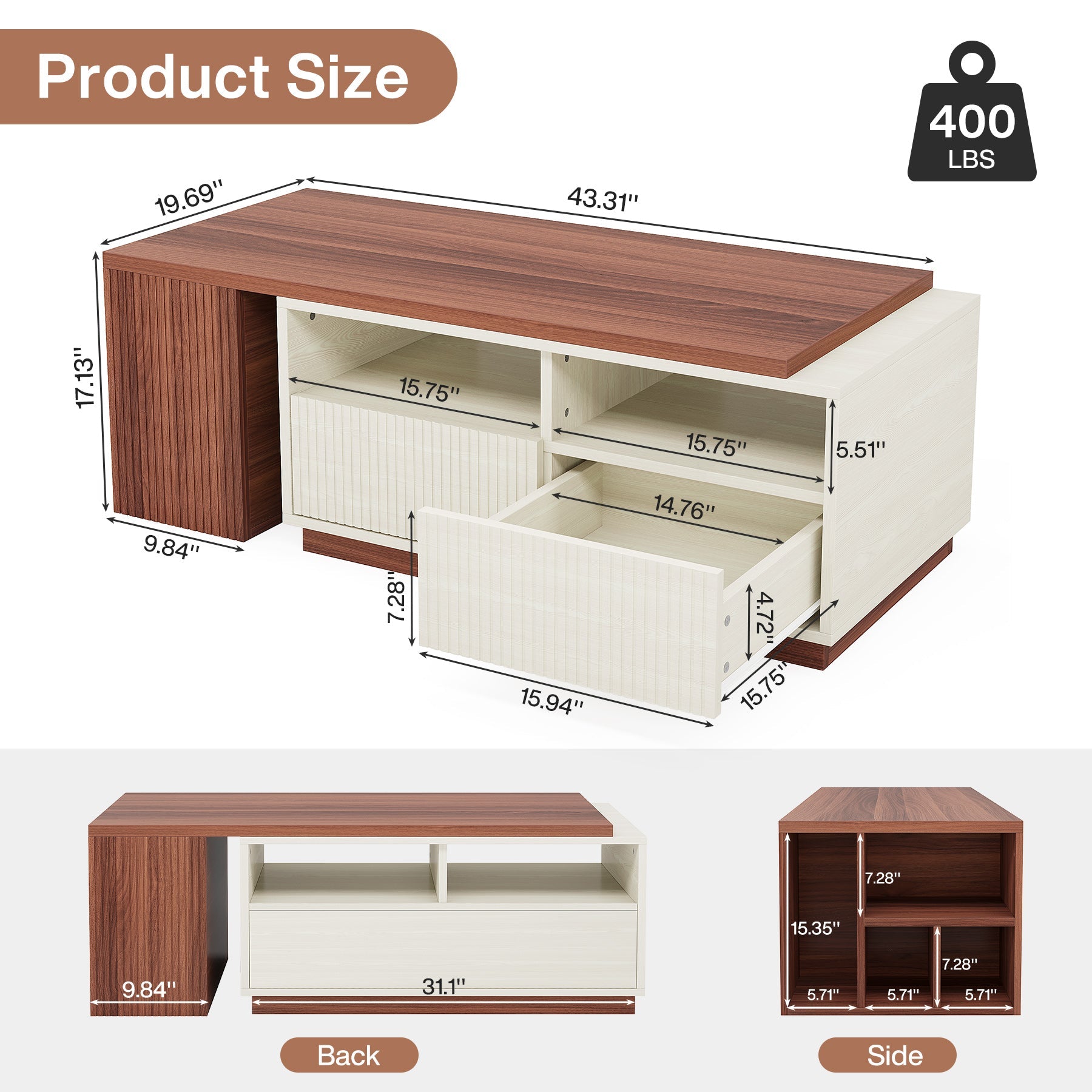 Extendable Coffee Table, Center Table with 2 Drawers and Reversible Tabletop