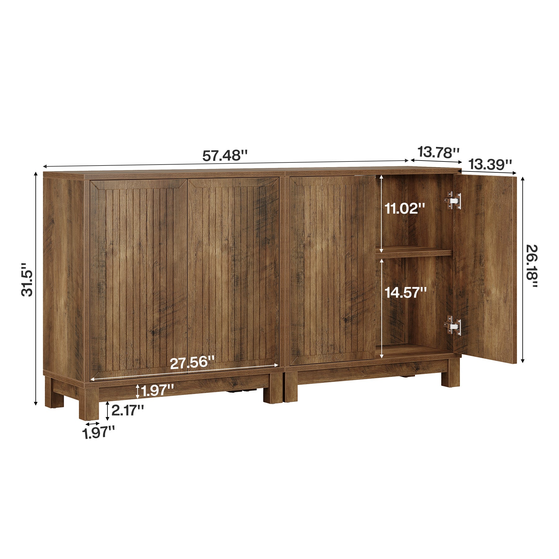 Fluted Sideboard Buffet Cabinet with Adjustable Shelves & 4 Push-Spring Doors