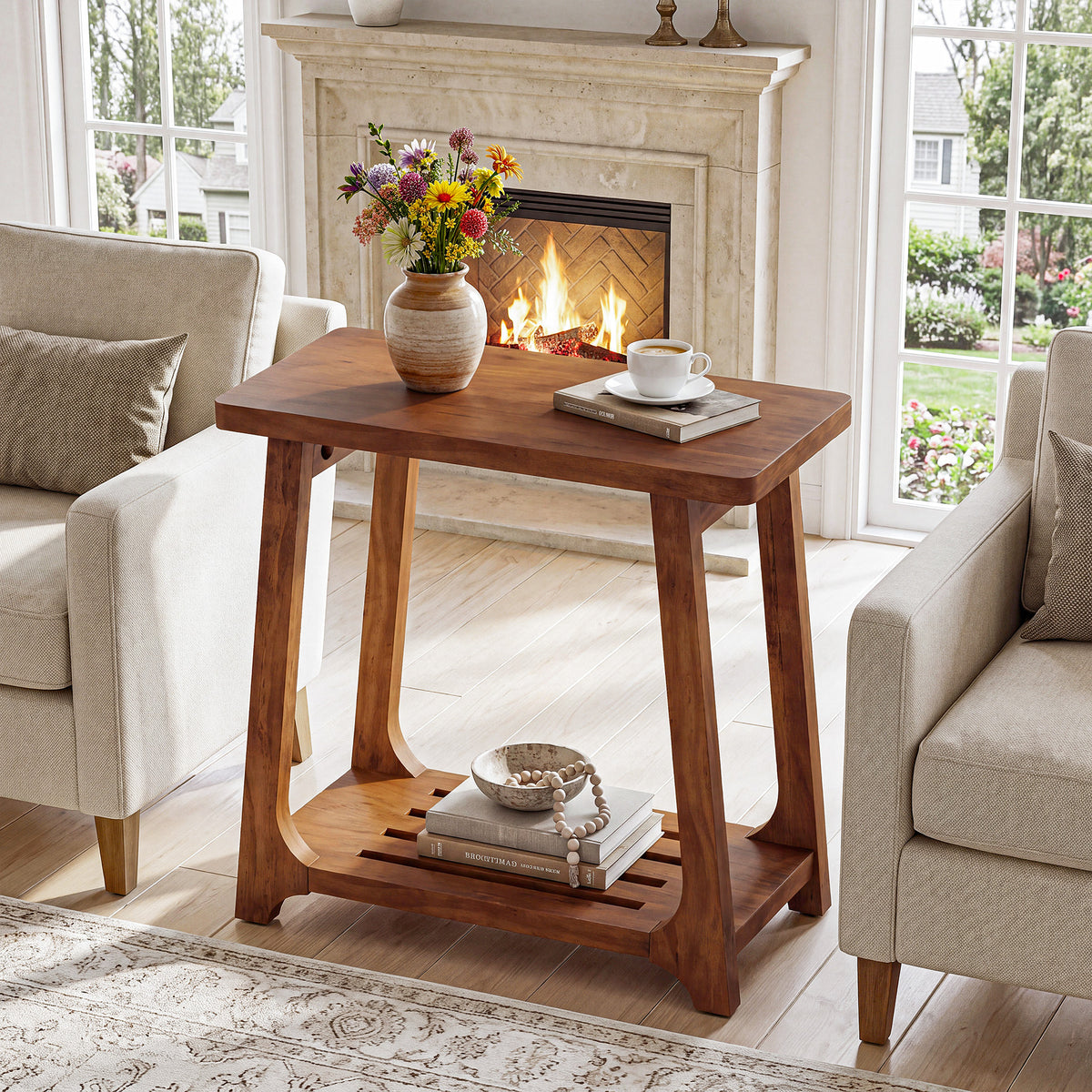 Narrow Solid Pine Wood Side Table, 2-Tier Rectangular End Table with Storage