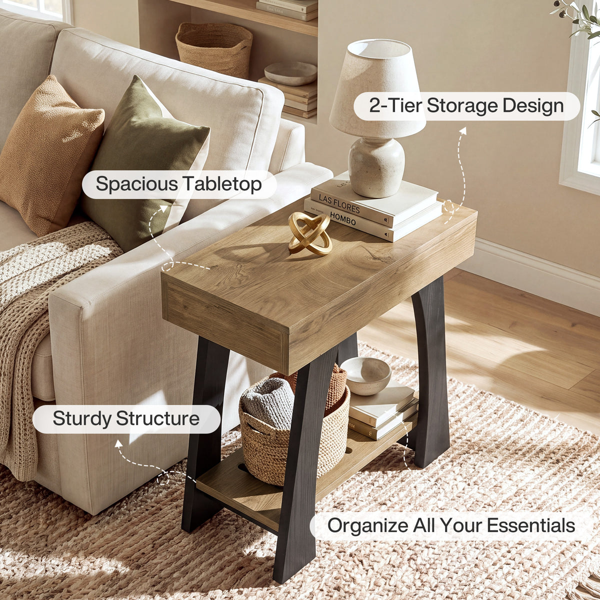 2-Tier Narrow Side Table, Slim End Table for Small Spaces, Living Room