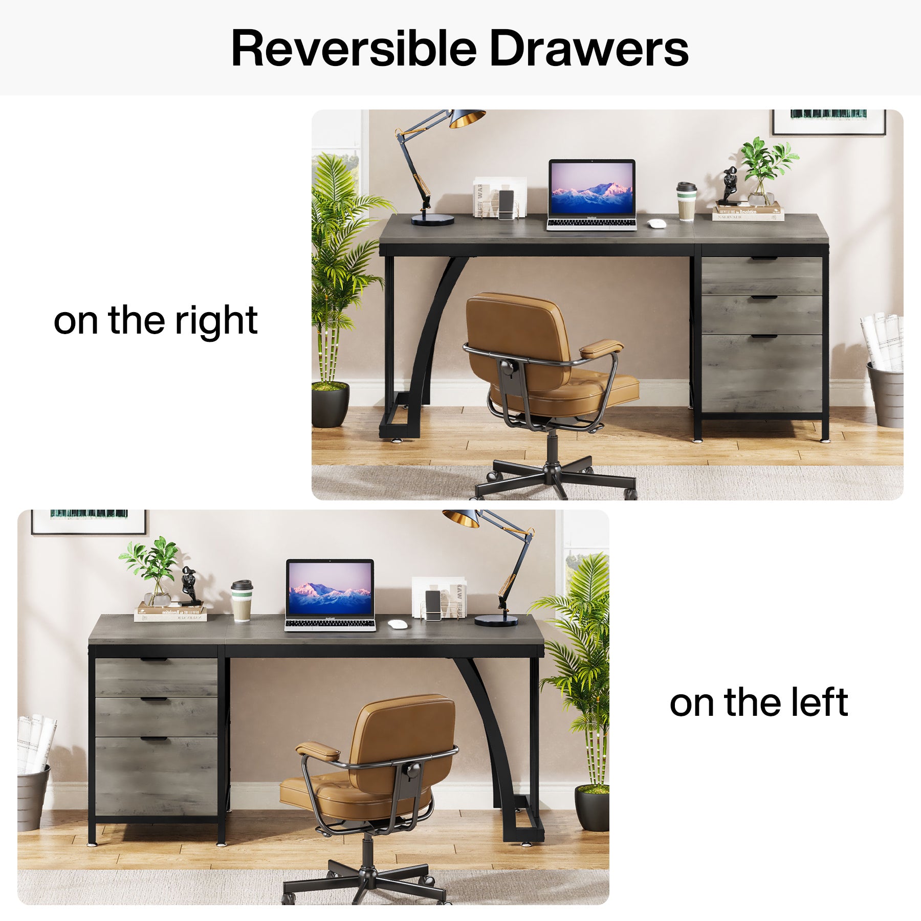 Industrial Computer Desk, 59" Study Desk with Reversible Drawer Cabinet