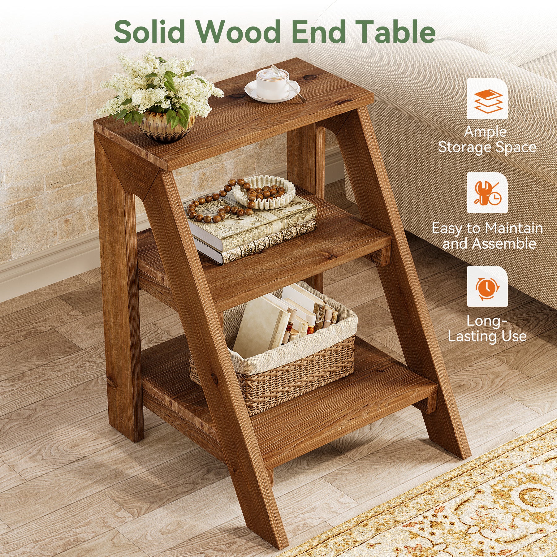 Solid Wood End Table, 3-Tier Farmhouse Side Table with Shelves