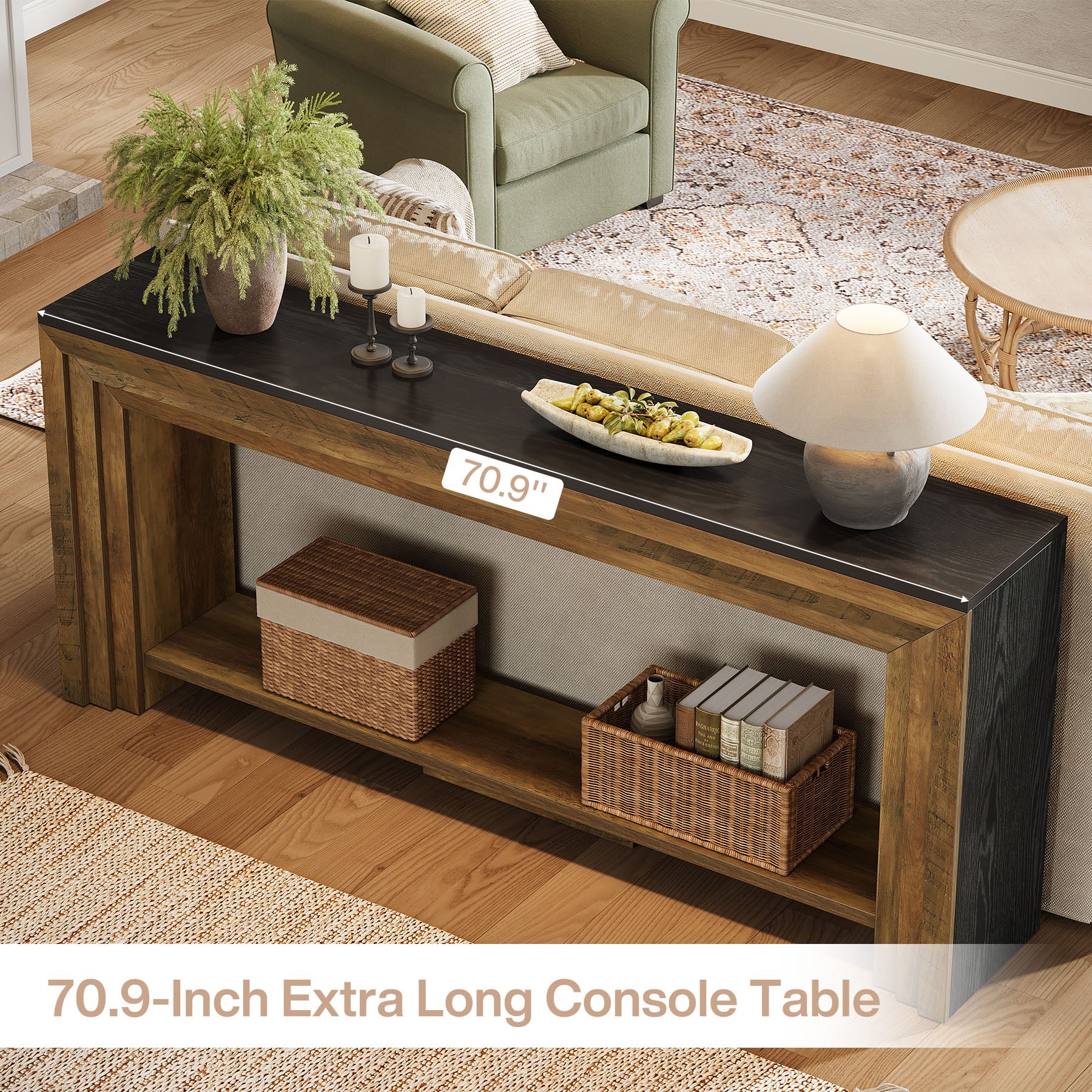 70.9" Console Table, 2-Tier Narrow Entryway Sofa Table with Storage