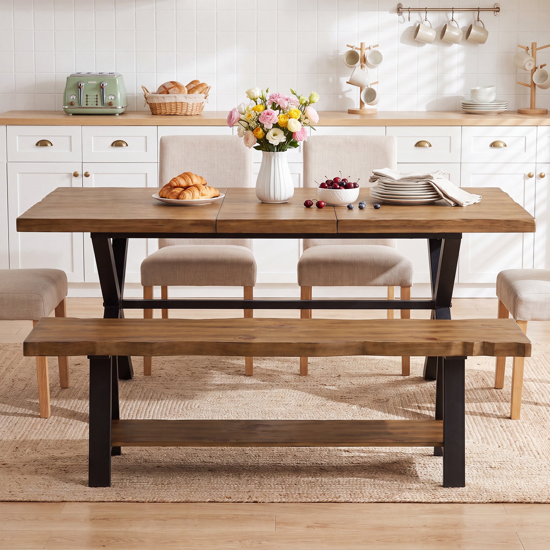 55" Solid Wood Dining Bench, Live Edge Dining Seat with Storage Shelf & Metal Legs