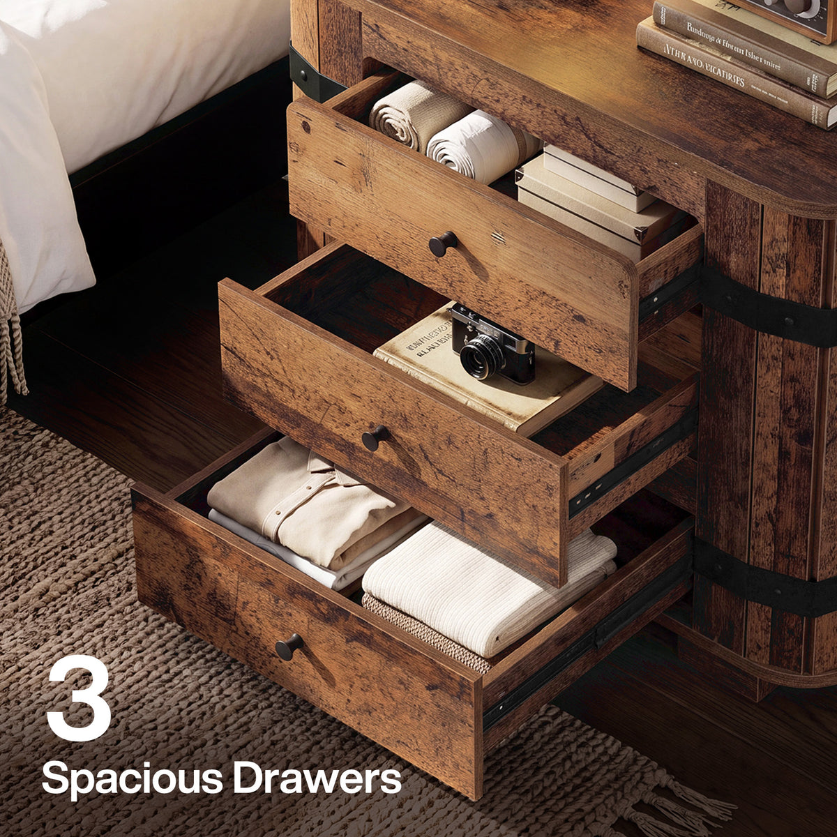 Oversized 3 Drawer Nightstand, Extra Wide Rustic Large Bedside Table, Bedroom
