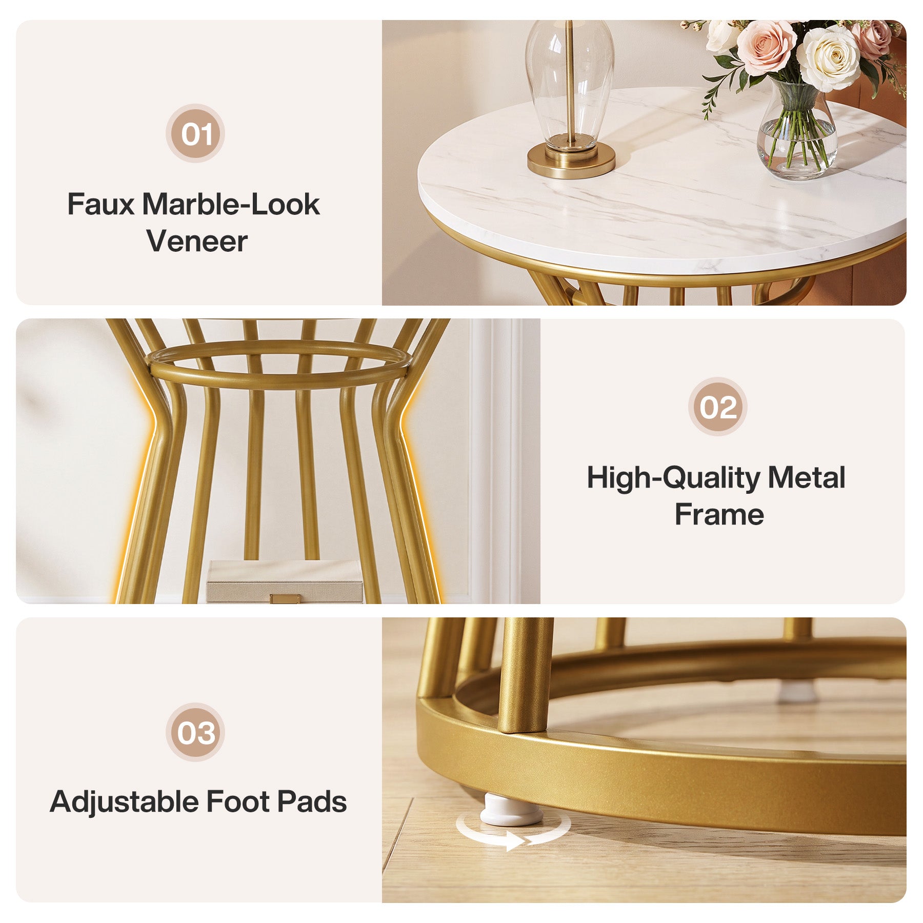 Round End Table, 2-Tier Accent Side Table with Faux Marble Veneer & Metal Frame