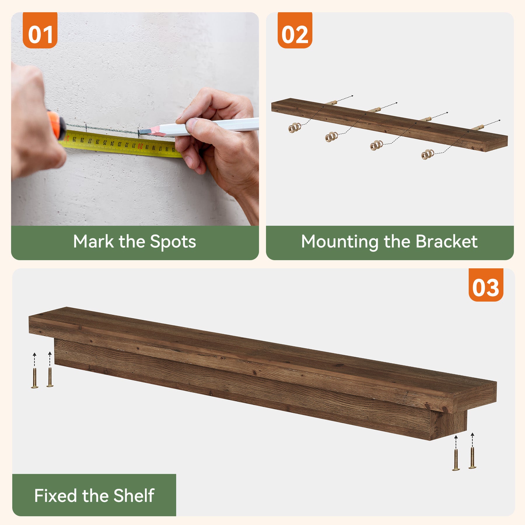Solid Wood Fireplace Mantel, 70.9" Wall-Mounted Floating Shelves for Living Room