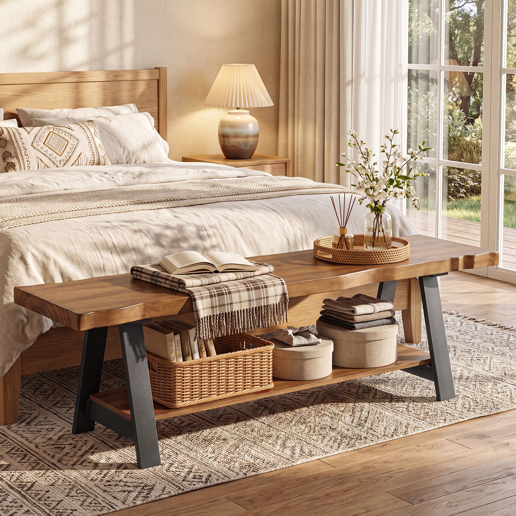 55" Solid Wood Entryway Bench, Farmhouse Shoe Bench with Under Storage Shelf