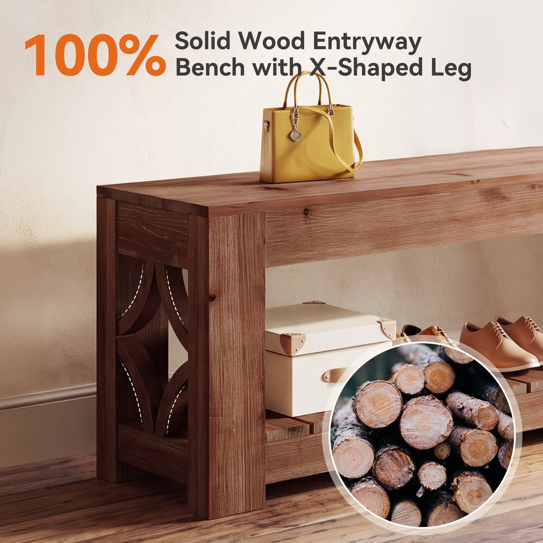 63" Solid Wood Entryway Bench, 2-Tier Shoe Storage Bench with Shelves for Hallway