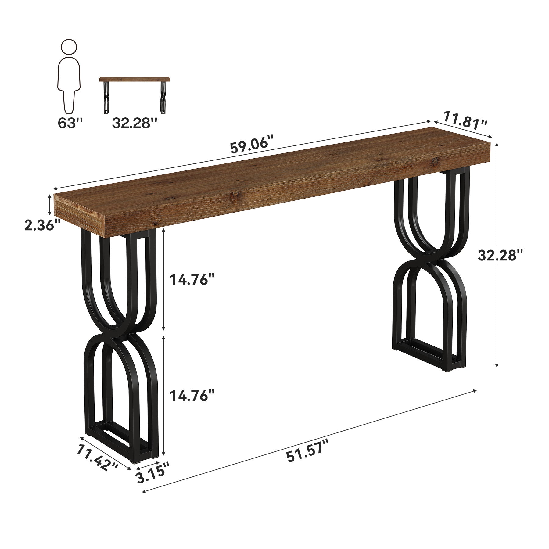 59" Solid Wood Console Table, Narrow Sofa Table with Metal U-Shaped Legs, Industrial Entryway Table for Hallway & Living Room