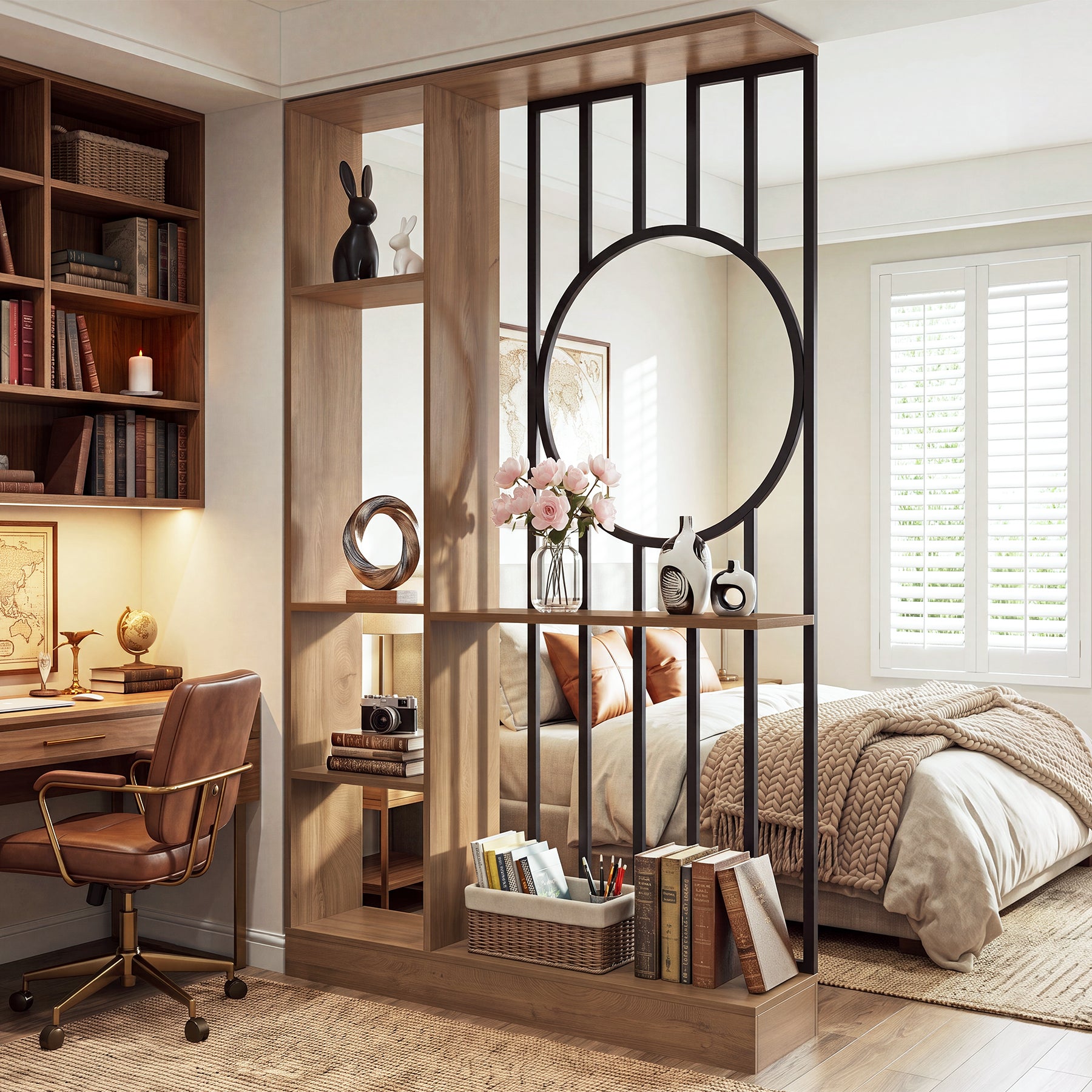 70.8" Wall Room Divider, Free-Standing Room Partition with Shelves