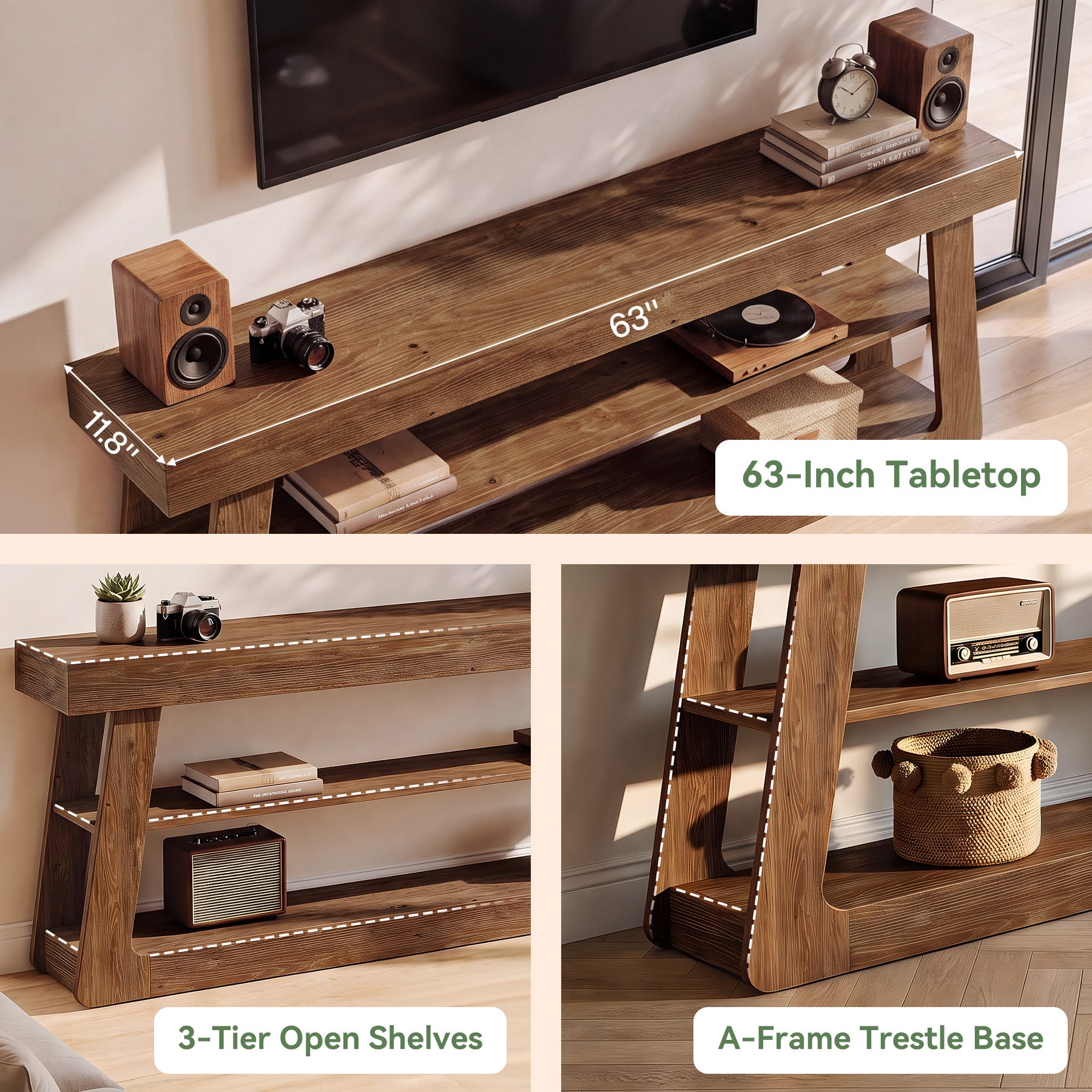 63" Solid Wood TV Stand, 3-Tier Storage Entertainment Center For Living Room