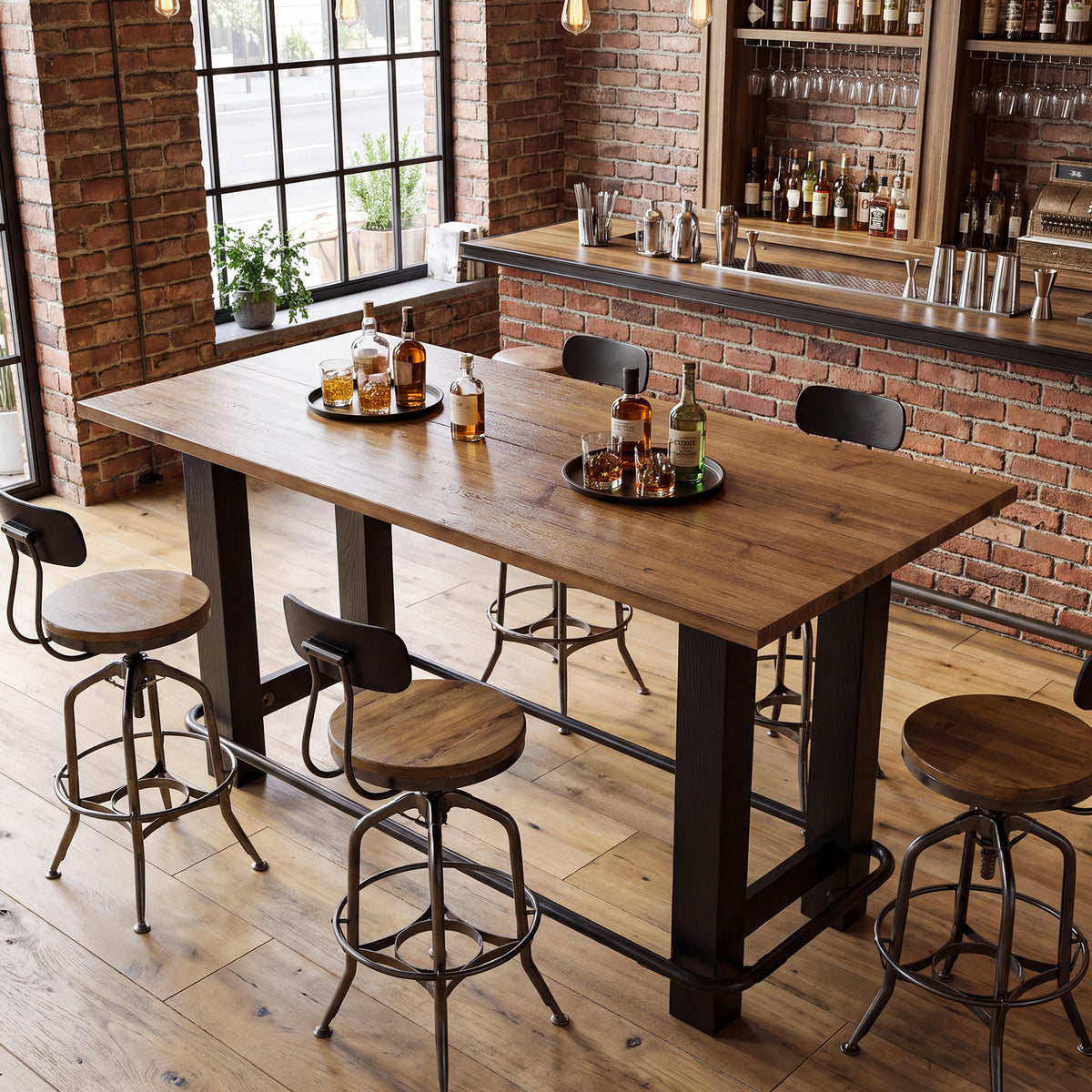 59" Solid Wood Bar Table, Rectangular Pub Table Seats 4 with Metal Footrest for Home Bar