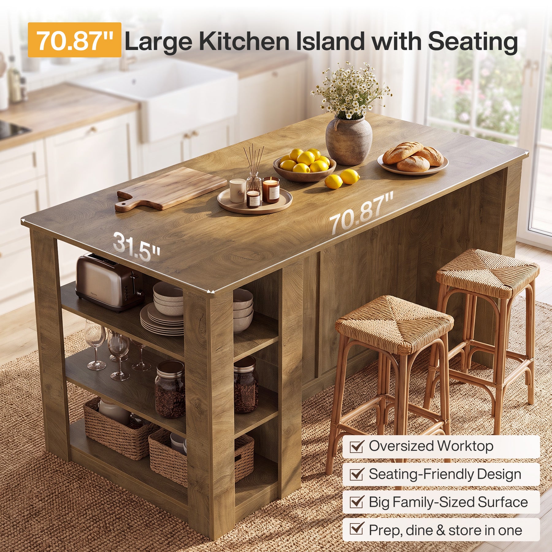 71" Large Kitchen Island with Storage & Seating, Farmhouse Island Table, Prep & Coffee Bar