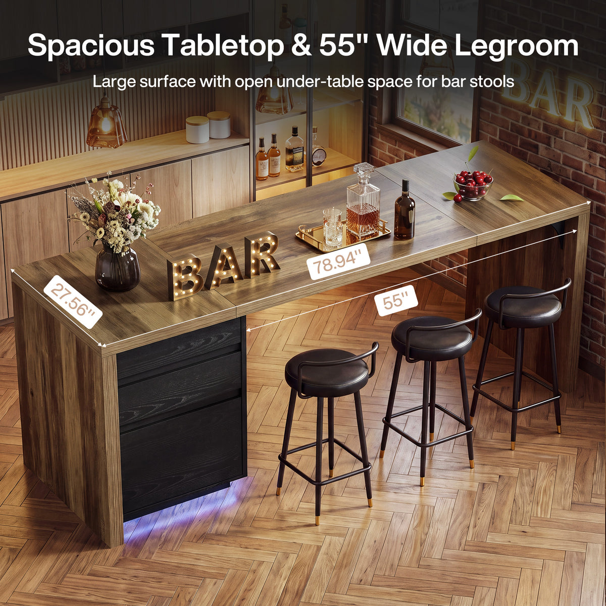 79" Counter Height Bar Table with 3 Drawers & LED Lights, Long Pub Table