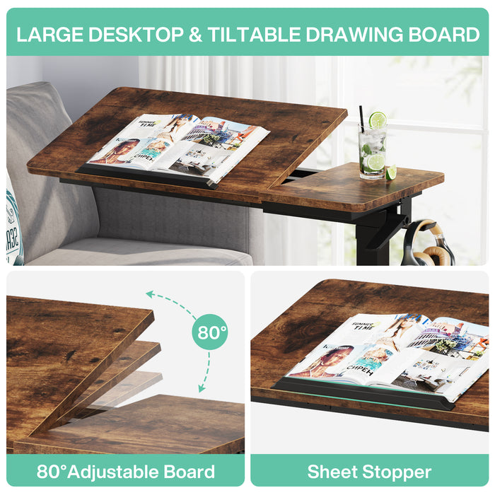 Height Adjustable C Table, Mobile End Side Table with Tiltable Drawing Board Tribesigns