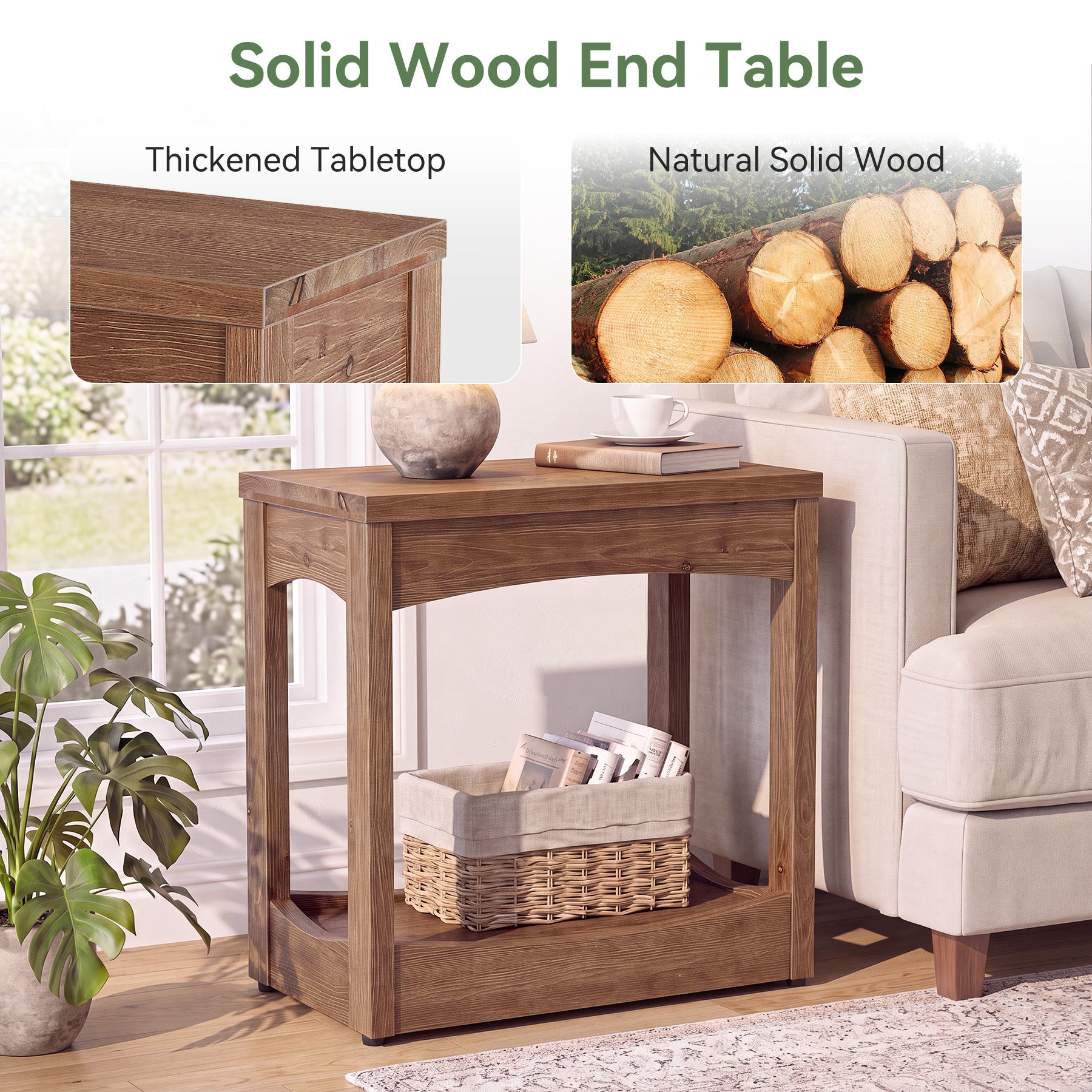 23.62" Solid Wood End Table, Rectangle Side Table with 2-Tier Shelf for Small Spaces
