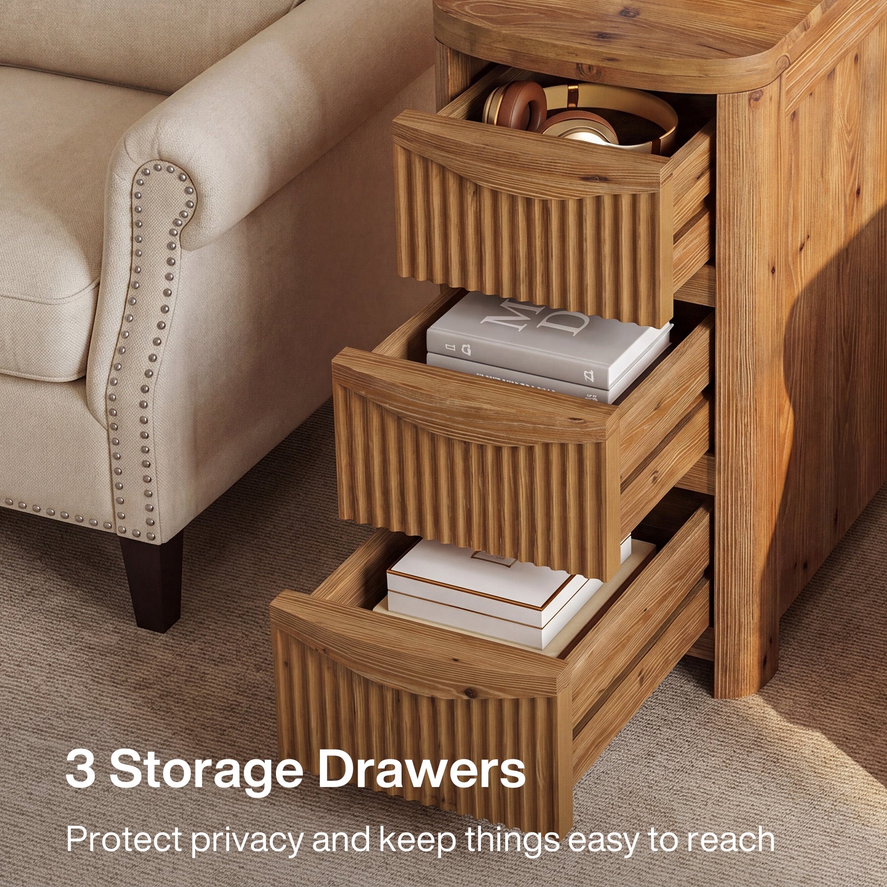 Solid Wood End Table with 3 Drawers, 24" Farmhouse Side Table for Small Spaces