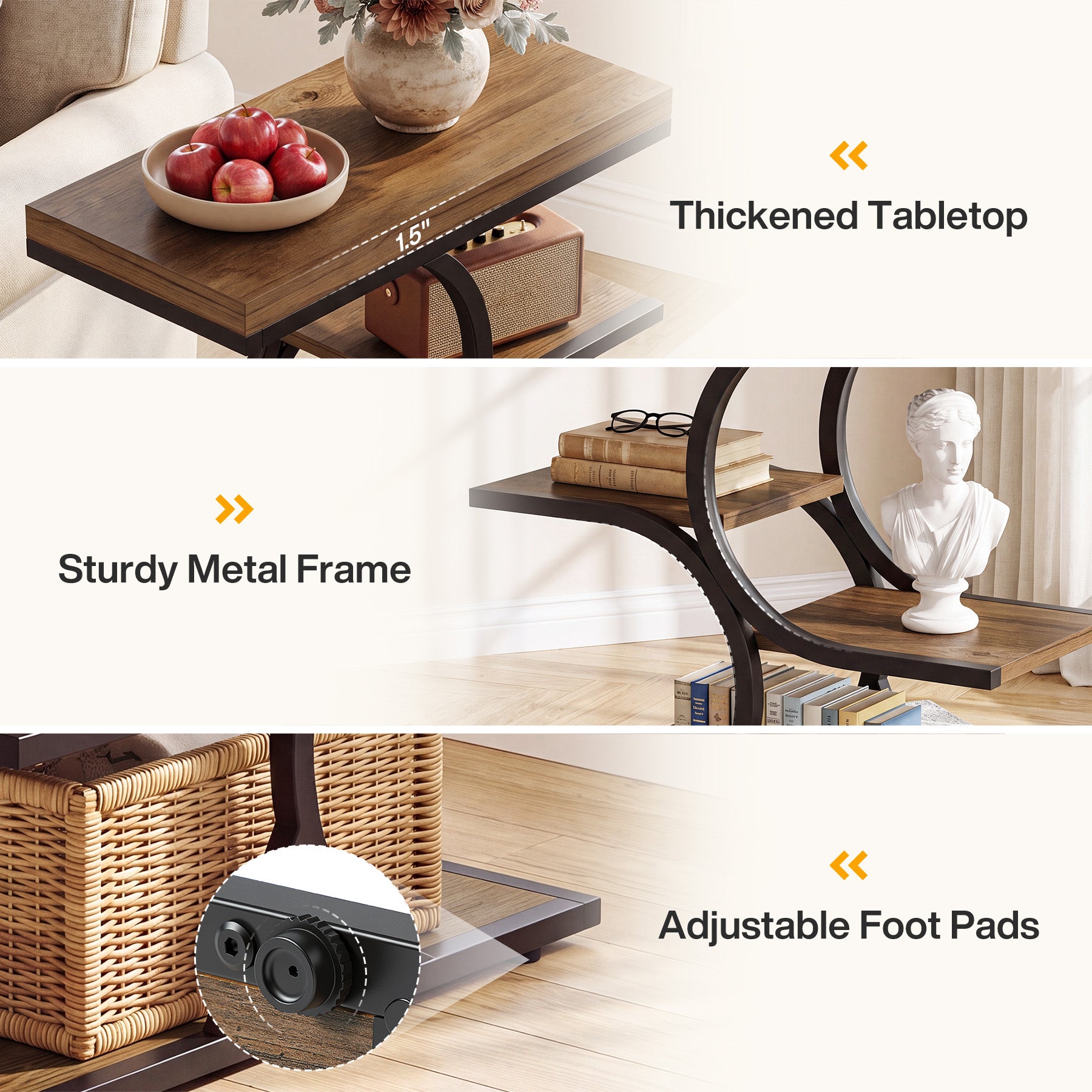 23.62" End Table with 4-Tier Shelf, Narrow Side Table with Metal Frame for Small Spaces