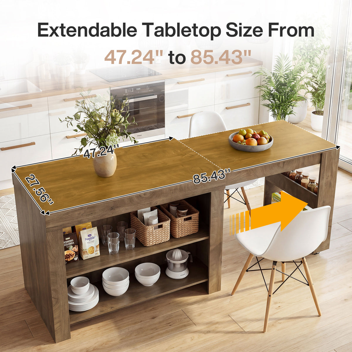 47-85" Extendable Kitchen Island for 2-4, Stationary Storage Island with Open Shelves