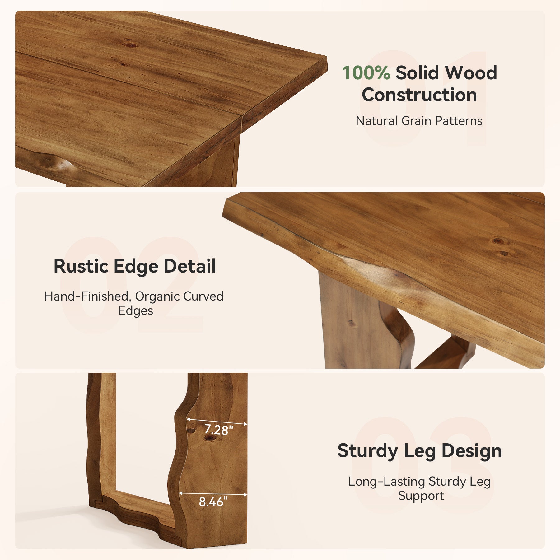 63" Solid Wood Live Edge Dining Table for 6, Rustic Modern Kitchen & Dining Room Table with Sculptural Legs