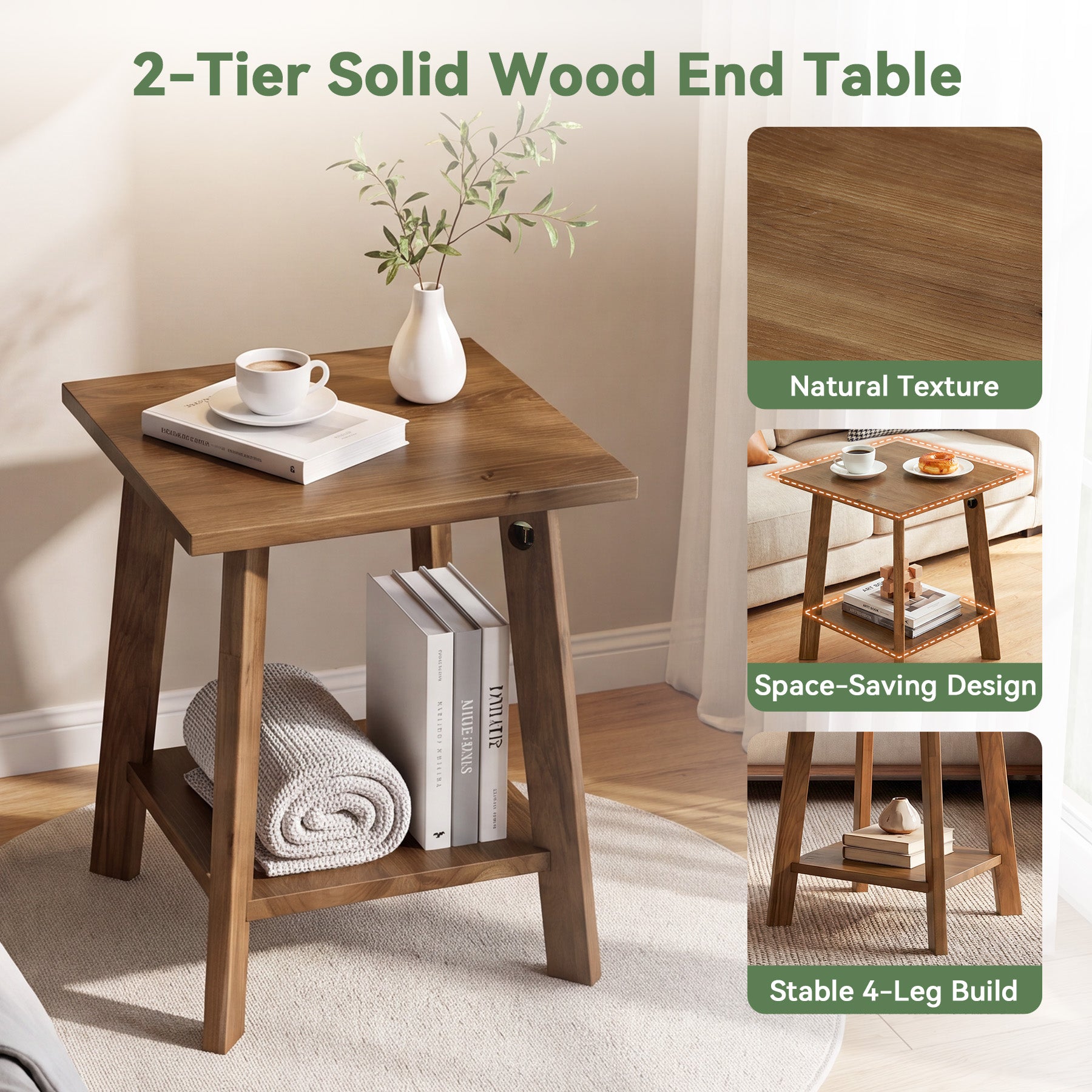 19.69" Solid Wood End Table, Small Side Table with 2-Tier Storage Shelf for Living Room