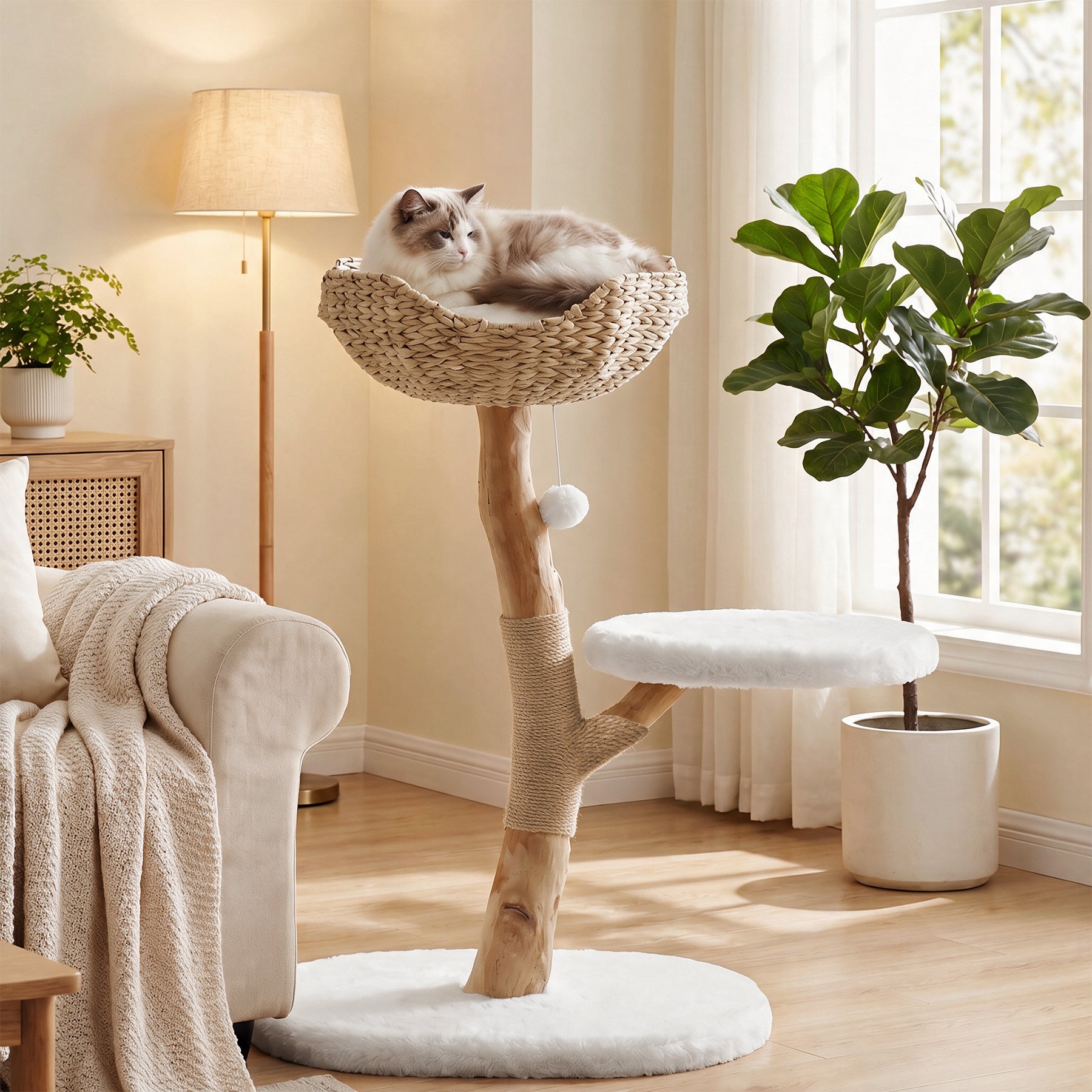 35" Tall Solid Wood Cat Tree, Boho Cat Tower with Cat Ear Wicker Basket Bed with Real Branch Design
