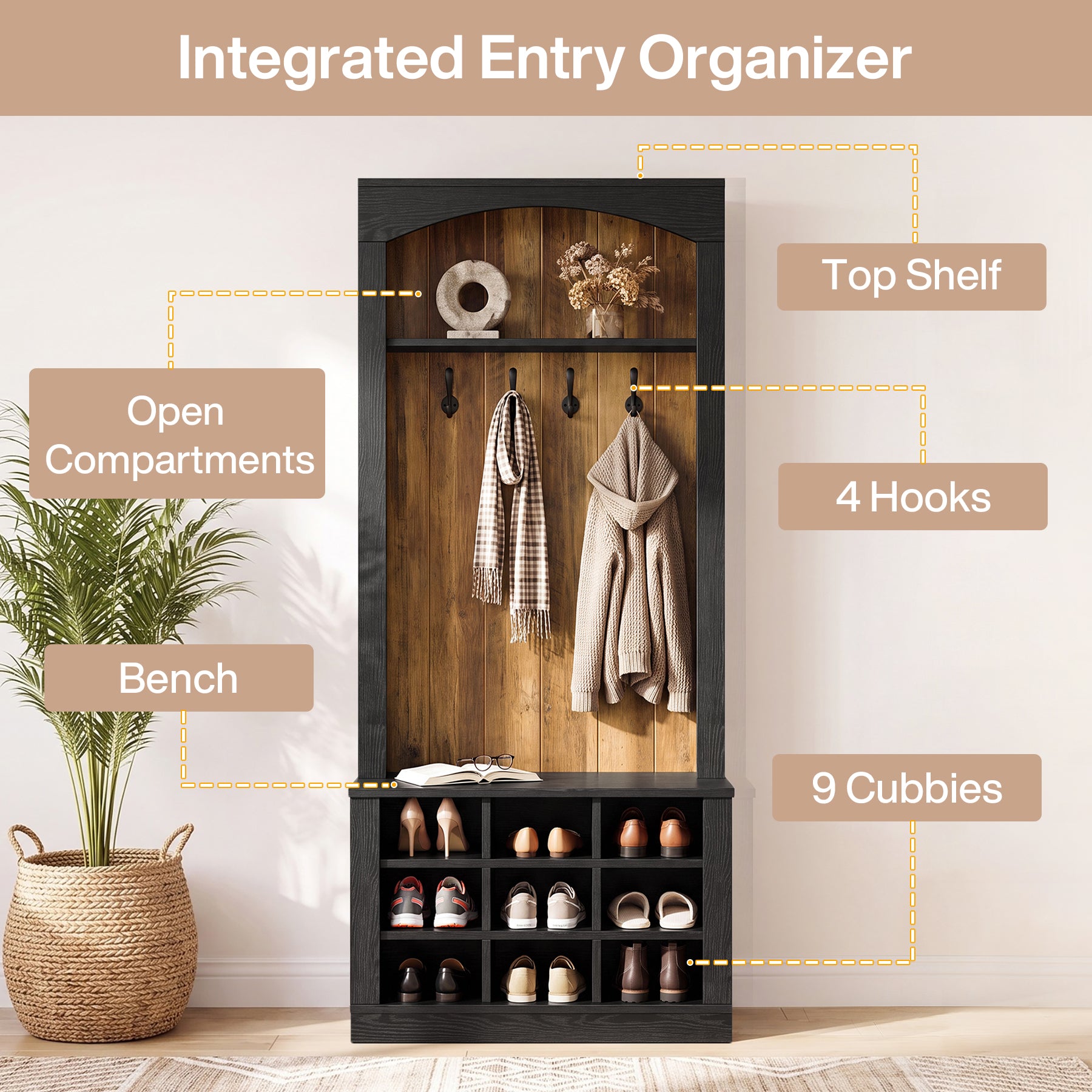 70.8" Tall Hall Tree, 4-in-1 Entryway Tree with Bench and Shoe Storage