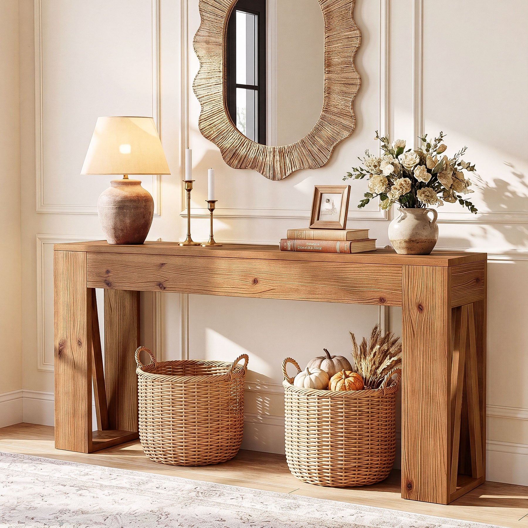 63" Solid Wood Console Table, Narrow Rectangle Entryway Sofa Table for Hallway