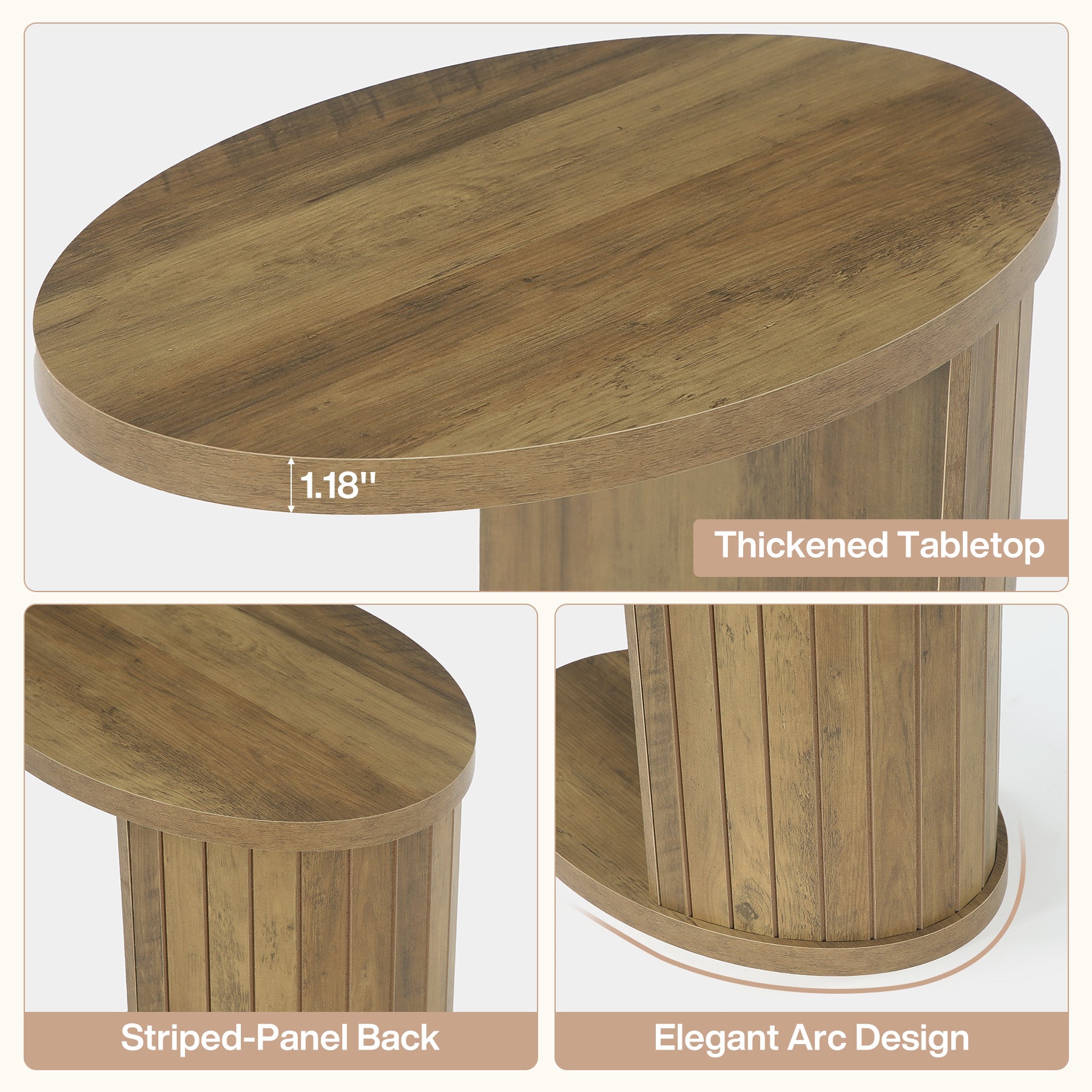 C-Shaped End Table, Fluted Sofa Side Table with Storage Shelf for Small Space