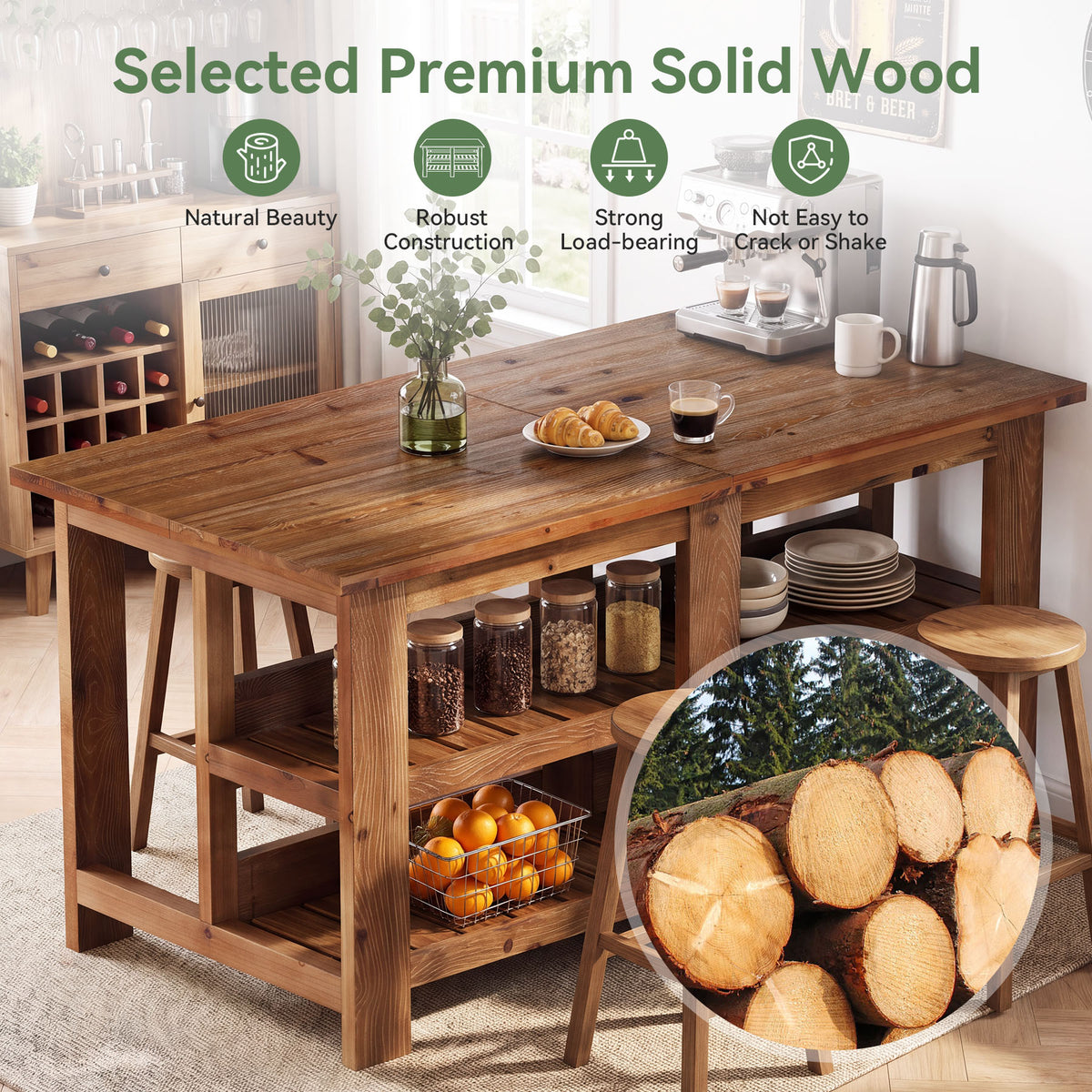 Tribesigns 70.9" Farmhouse Kitchen Island with Seating and Storage, Counter Height Table for Kitchen