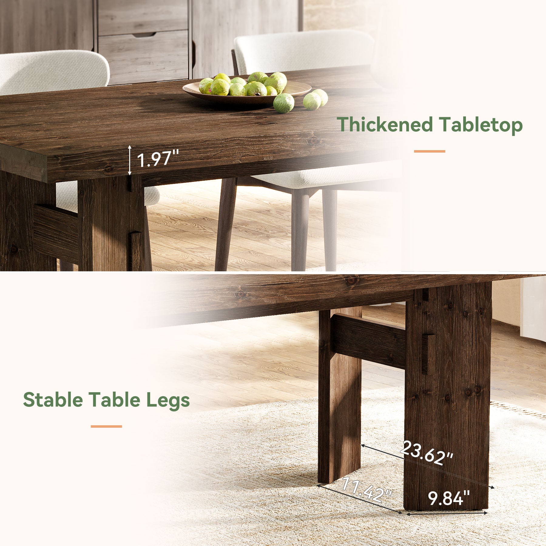 Solid Wood Dining Table for 4-6 People, 63" Rectangular Kitchen Table