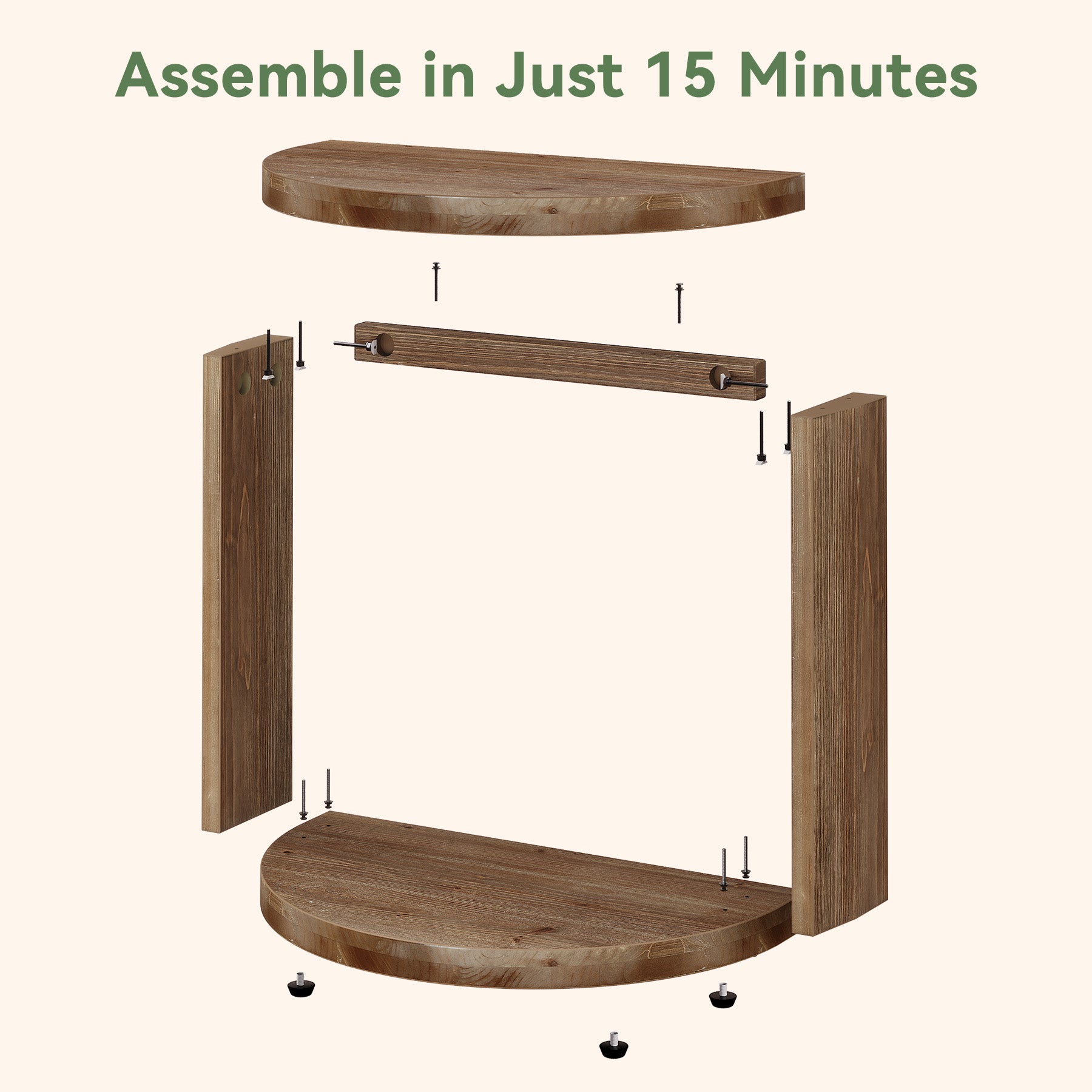 Half Moon End Table with Storage Shelf, Solid Wood Farmhouse Side Table, 2-Tier Shelves, Living Room & Bedroom