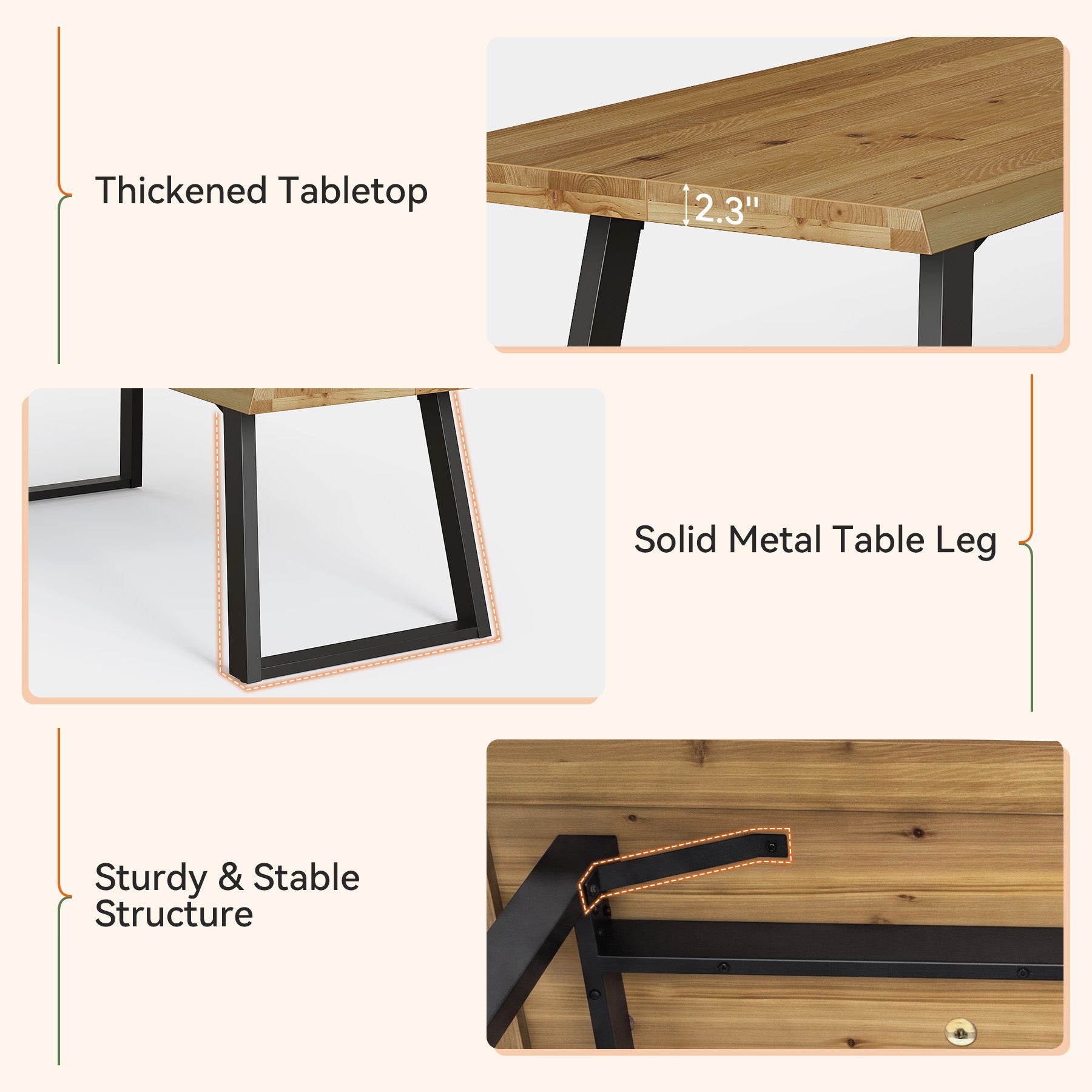63" Solid Wood Conference Table, Farmhouse Computer Desk with Metal Legs